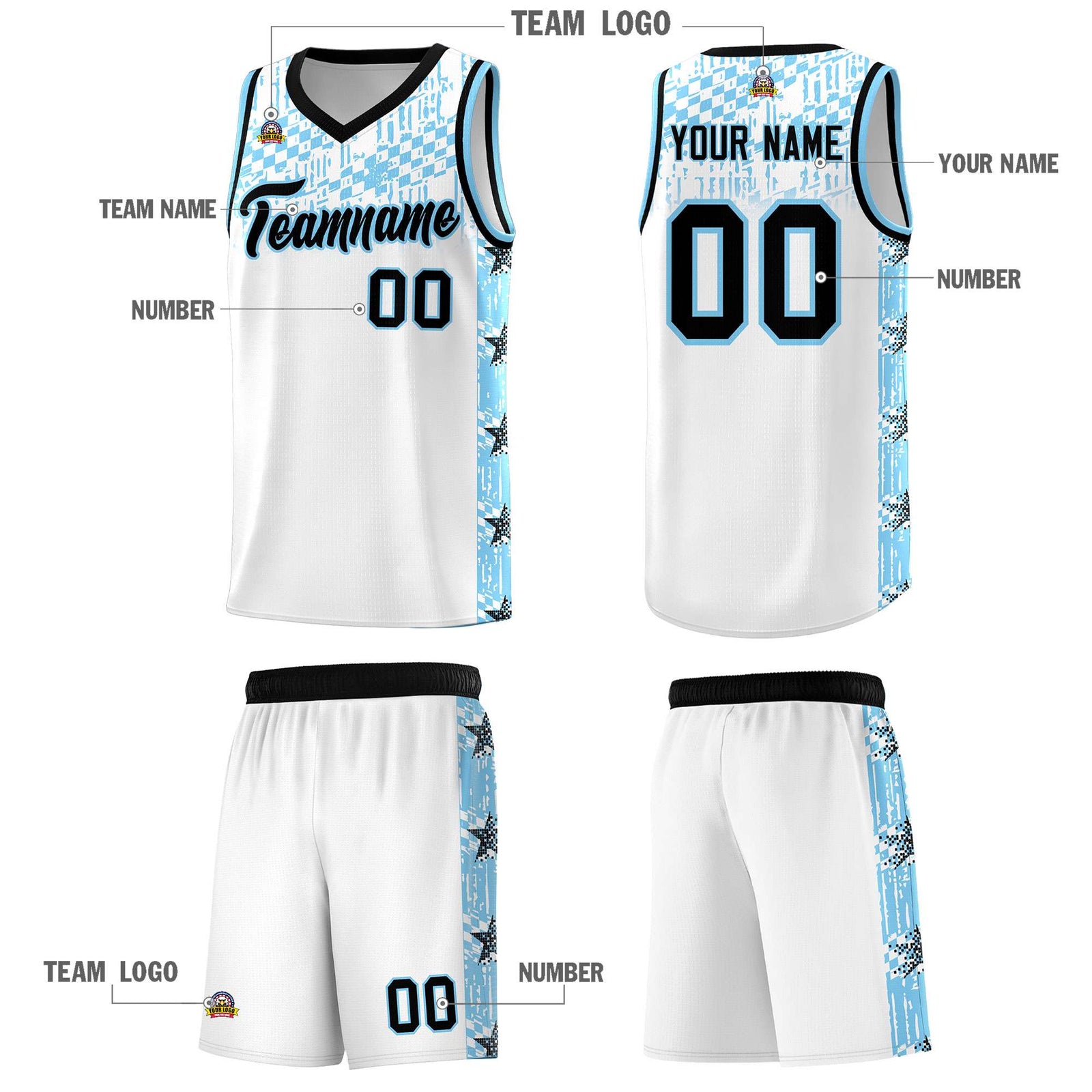 Custom White Mosaic Stars Pattern Sports Uniform Basketball Jersey