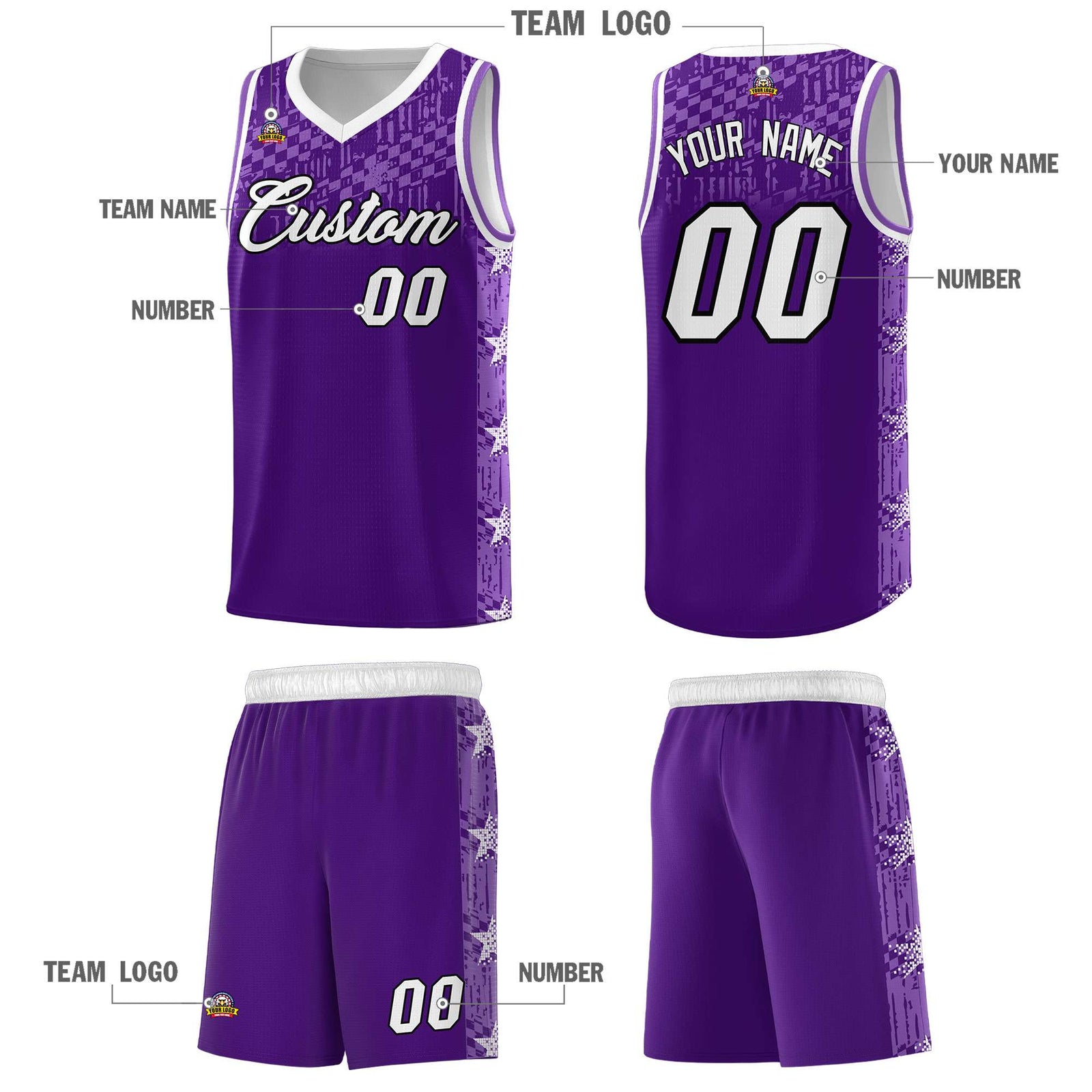 Custom Purple Mosaic Stars Pattern Sports Uniform Basketball Jersey