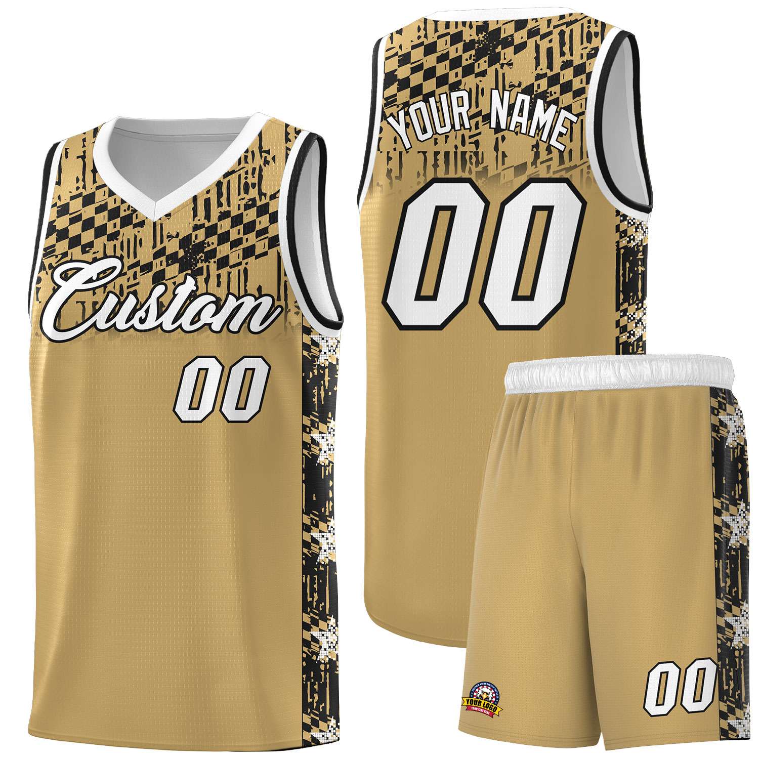 Custom Old Gold Mosaic Stars Pattern Sports Uniform Basketball Jersey