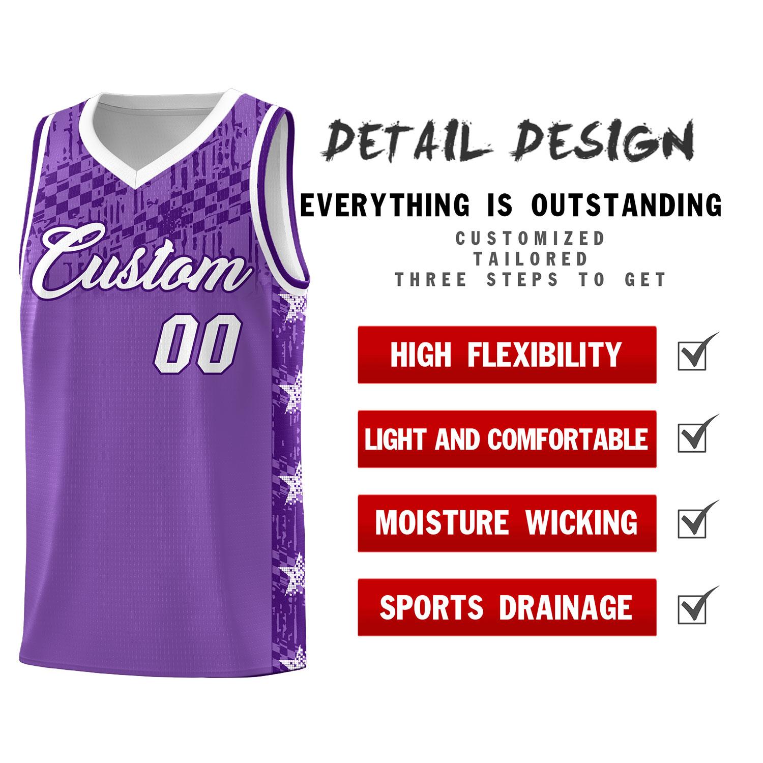 Custom Light Purple Mosaic Stars Pattern Sports Uniform Basketball Jersey
