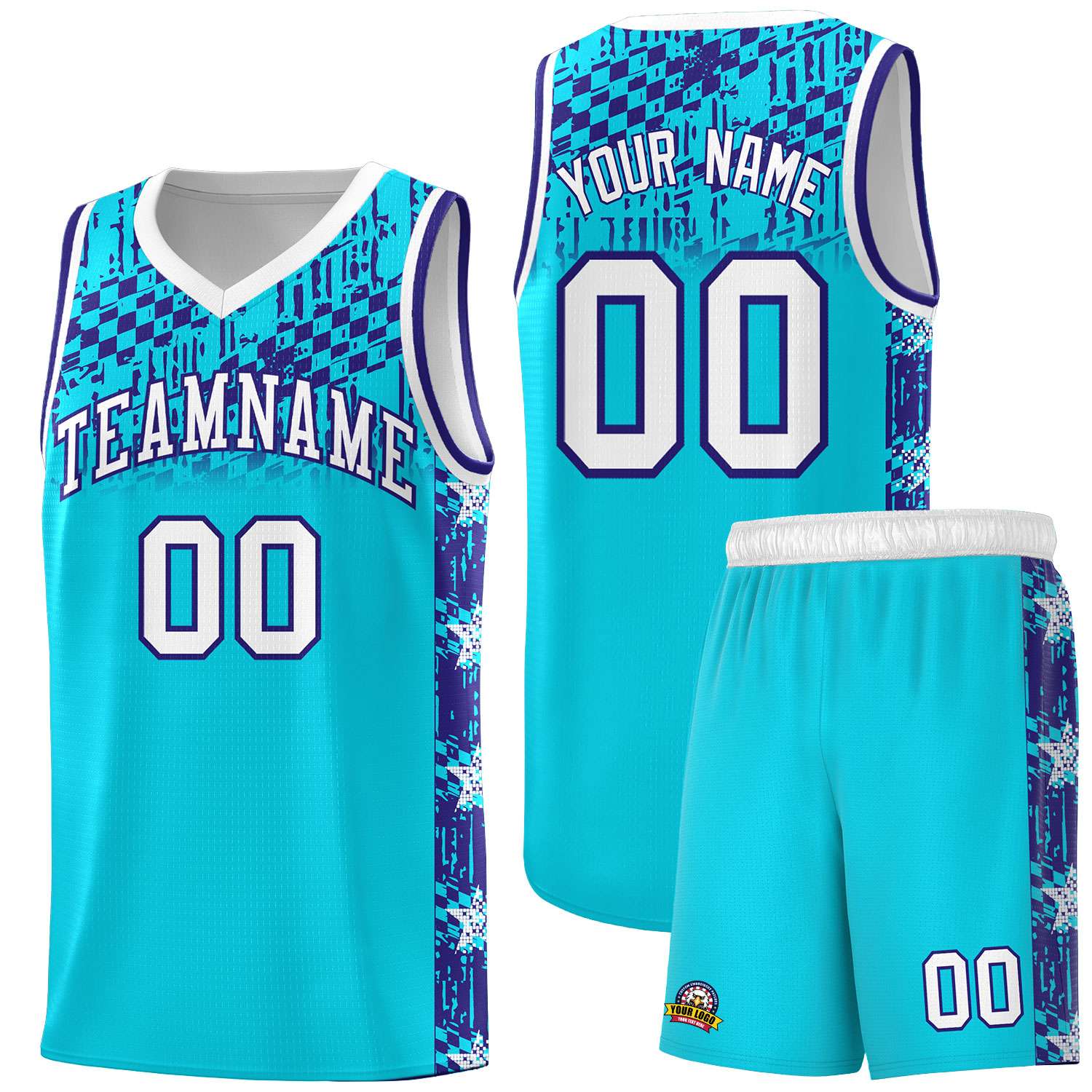 Custom Sky Blue Mosaic Stars Pattern Sports Uniform Basketball Jersey