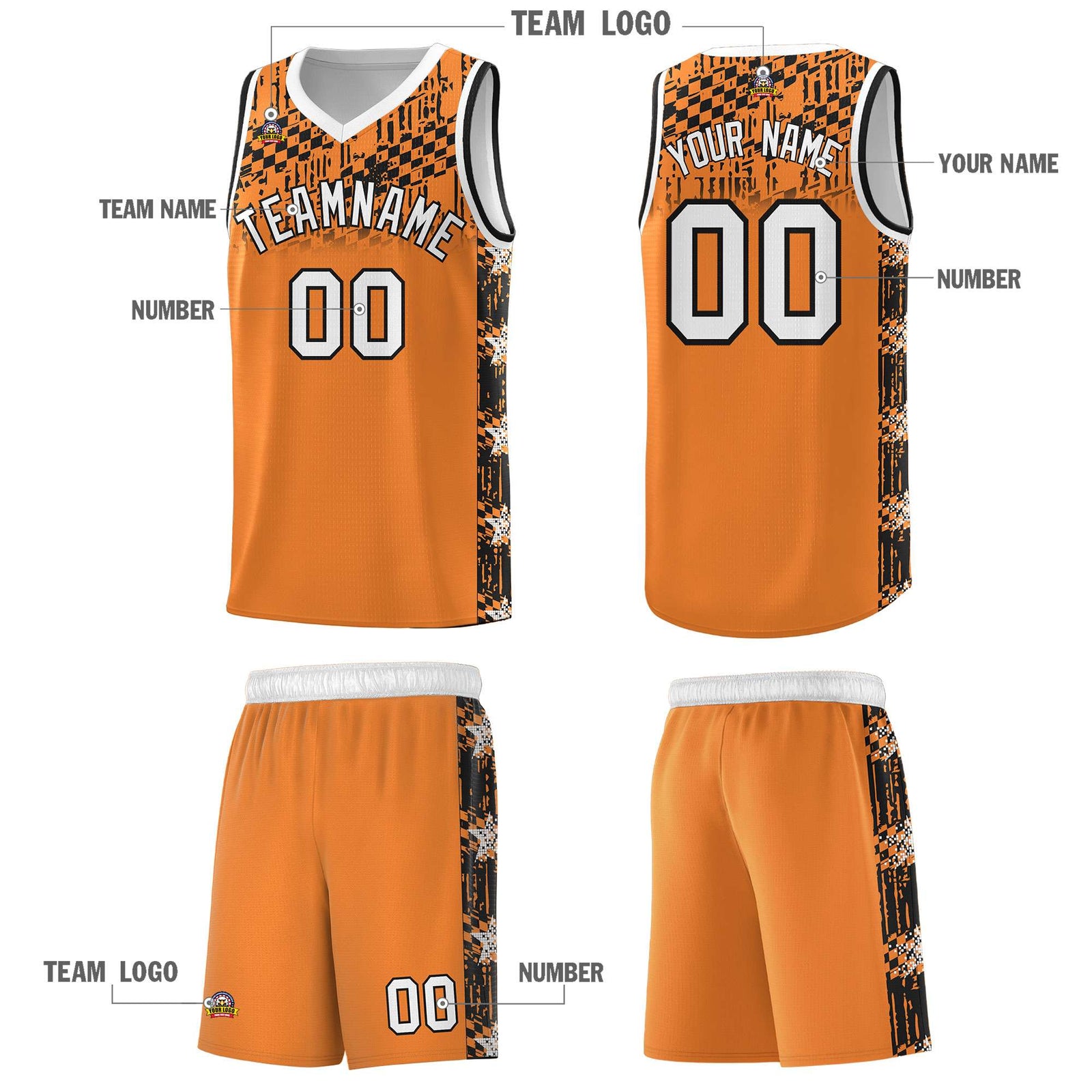 Custom Gold Orange Mosaic Stars Pattern Sports Uniform Basketball Jersey