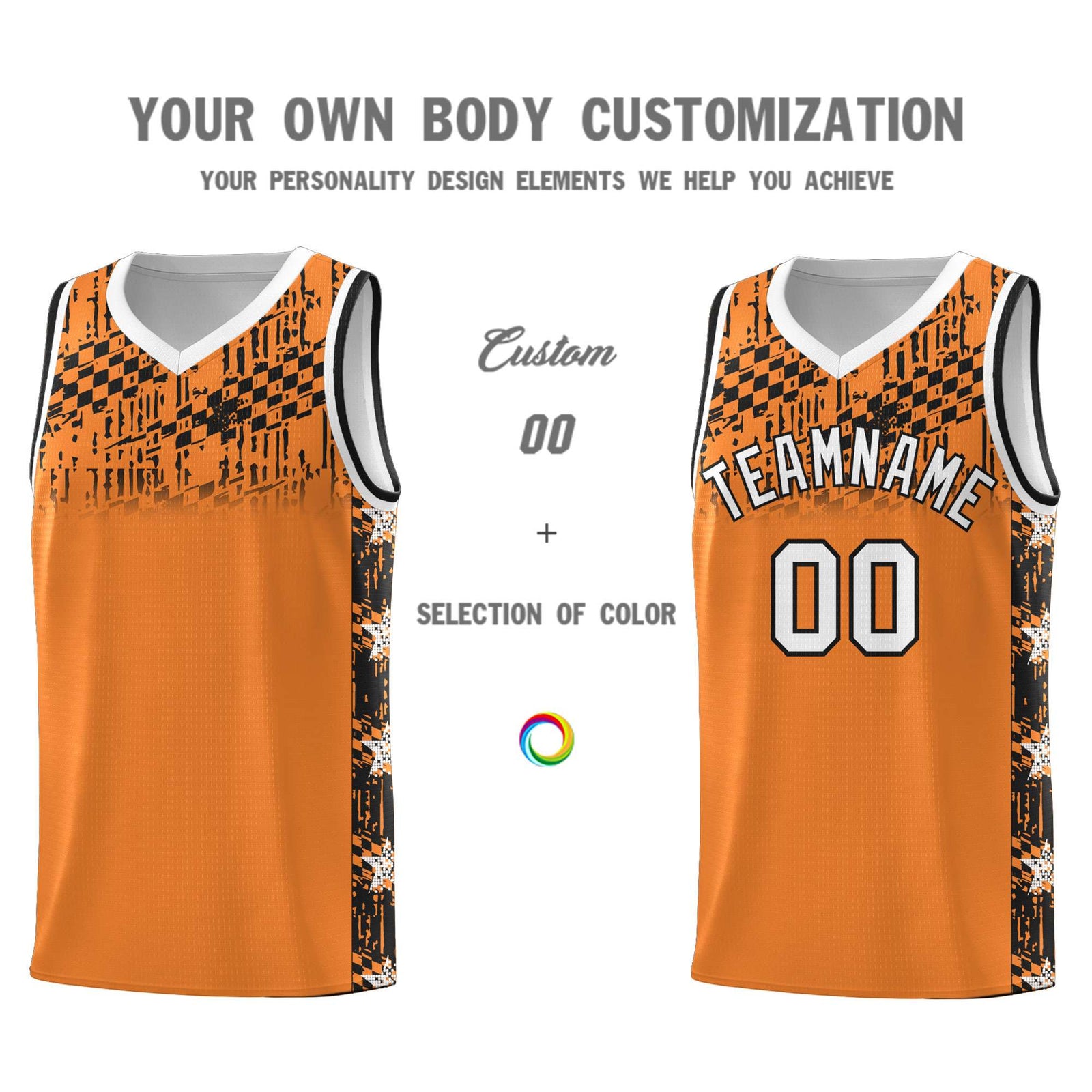 Custom Gold Orange Mosaic Stars Pattern Sports Uniform Basketball Jersey