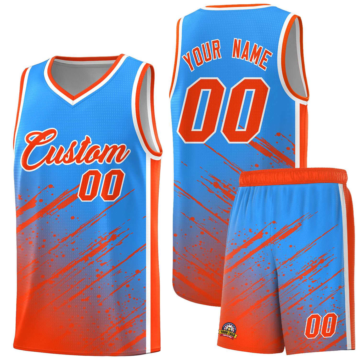 Custom Powder Blue Basketball Kits With Orange Paint Graffiti