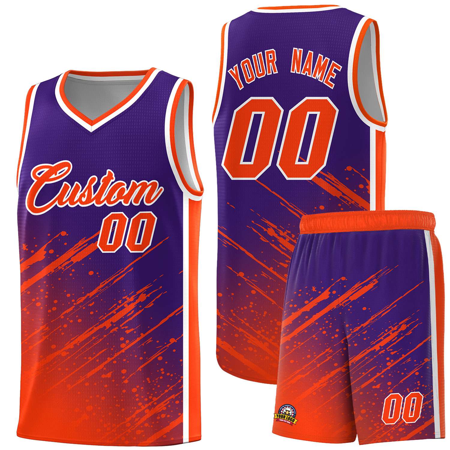 Custom Purple Basketball Kits With Orange Paint Graffiti