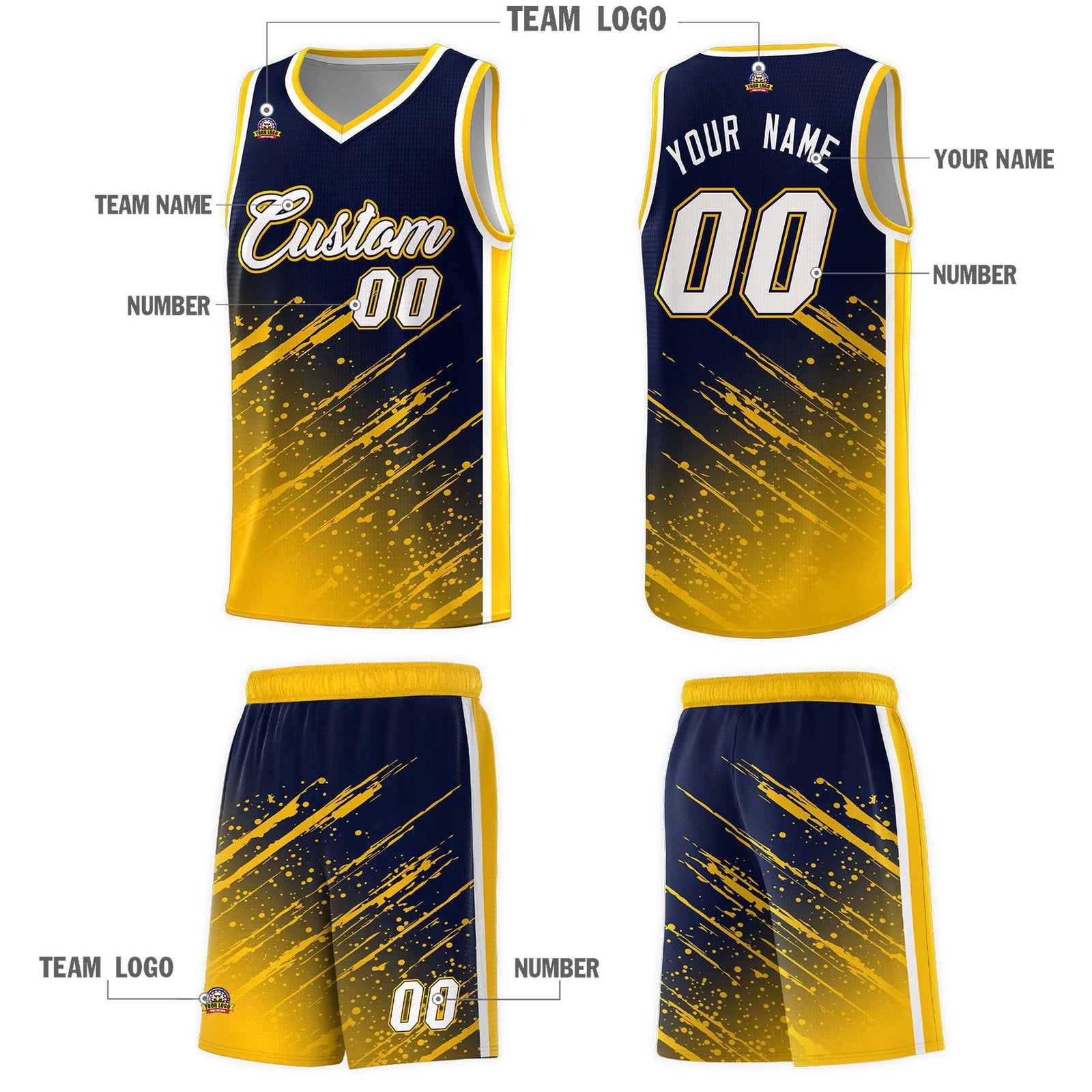Custom Navy Basketball Kits With Yellow Paint Graffiti