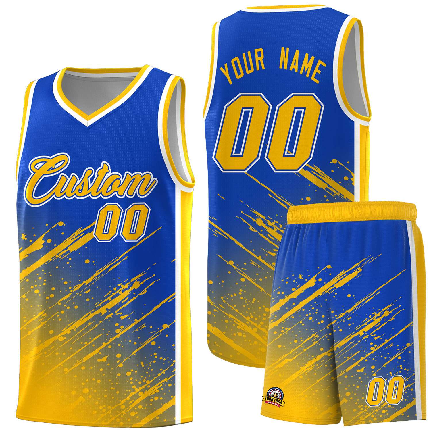 Custom Royal Basketball Kits With Yellow Paint Graffiti