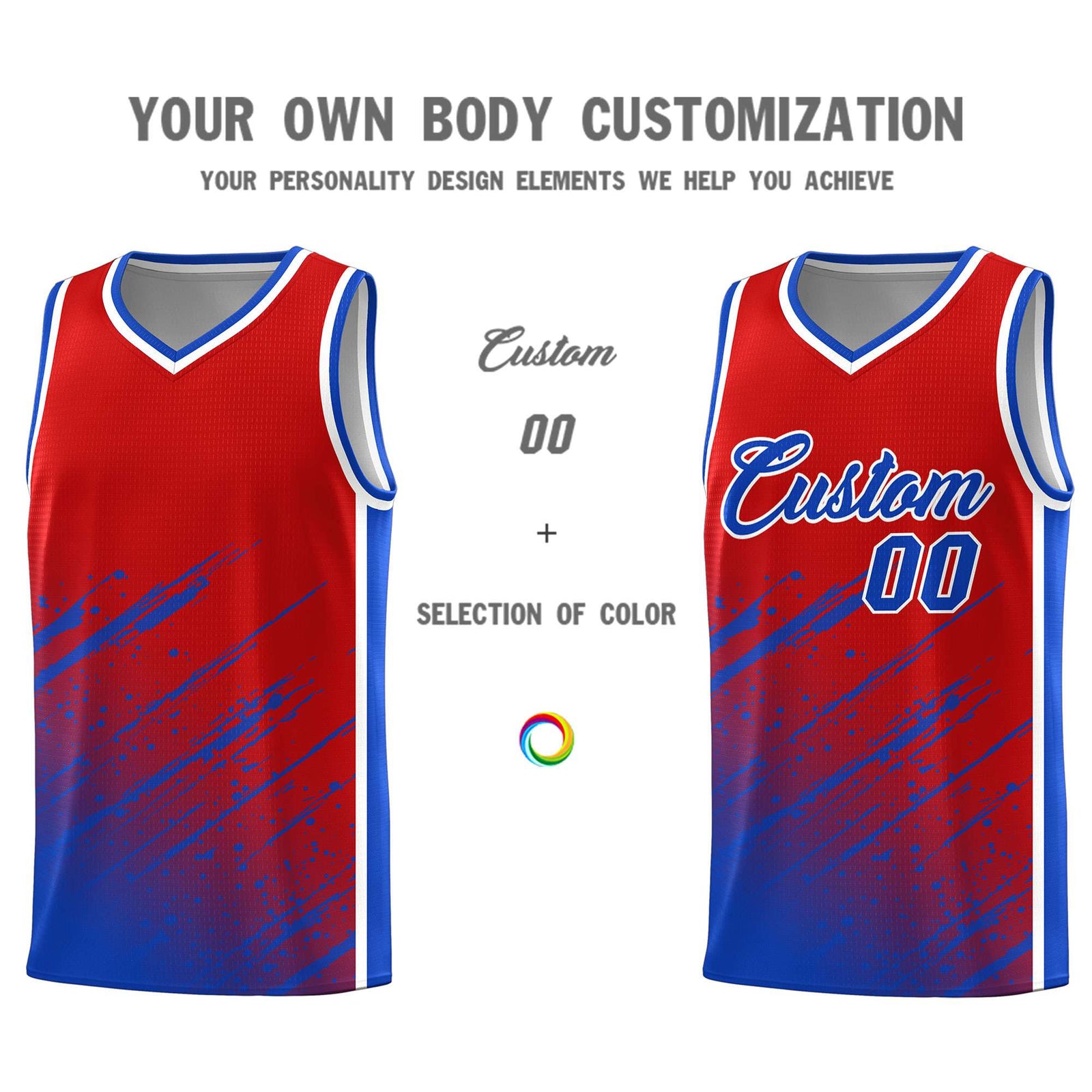 Custom Red Basketball Kits With Royal Paint Graffiti