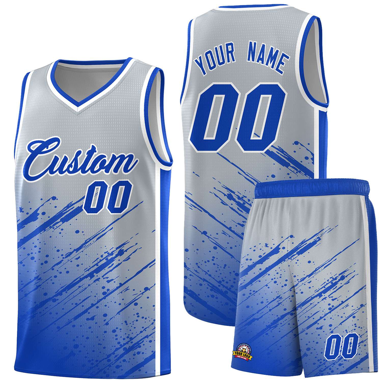 Custom Gray Basketball Kits With Royal Paint Graffiti