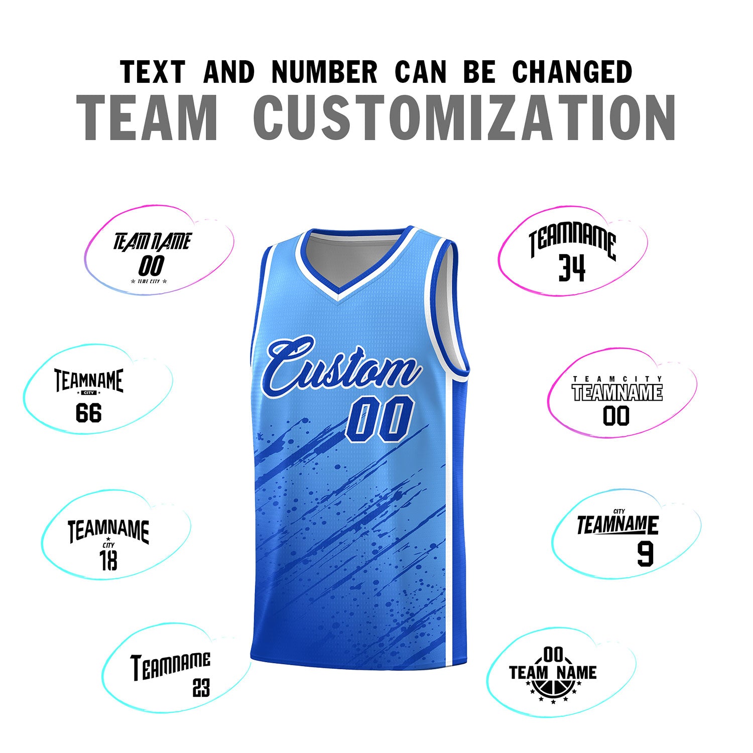 Custom Powder Blue Basketball Kits With Royal Paint Graffiti