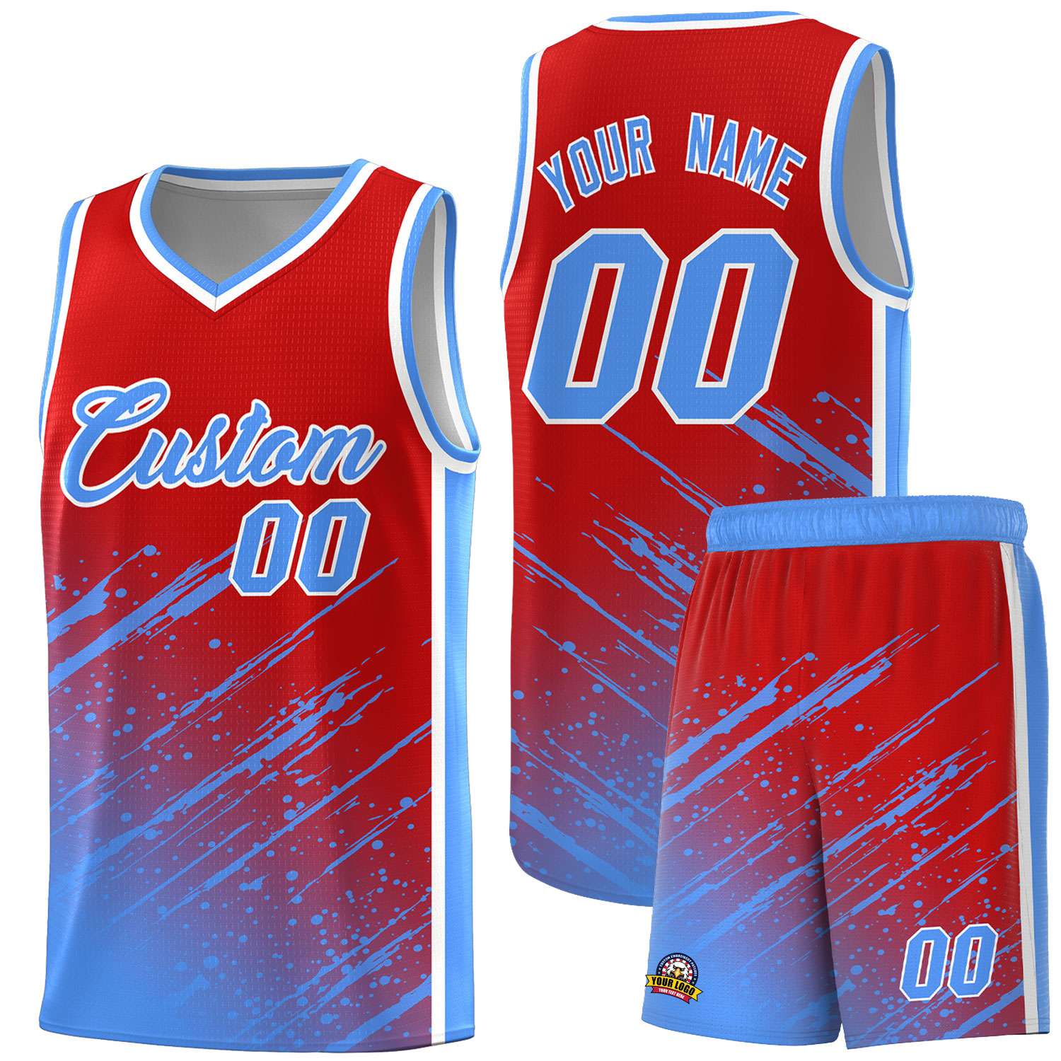 Custom Red Basketball Kits With Powder Blue Paint Graffiti