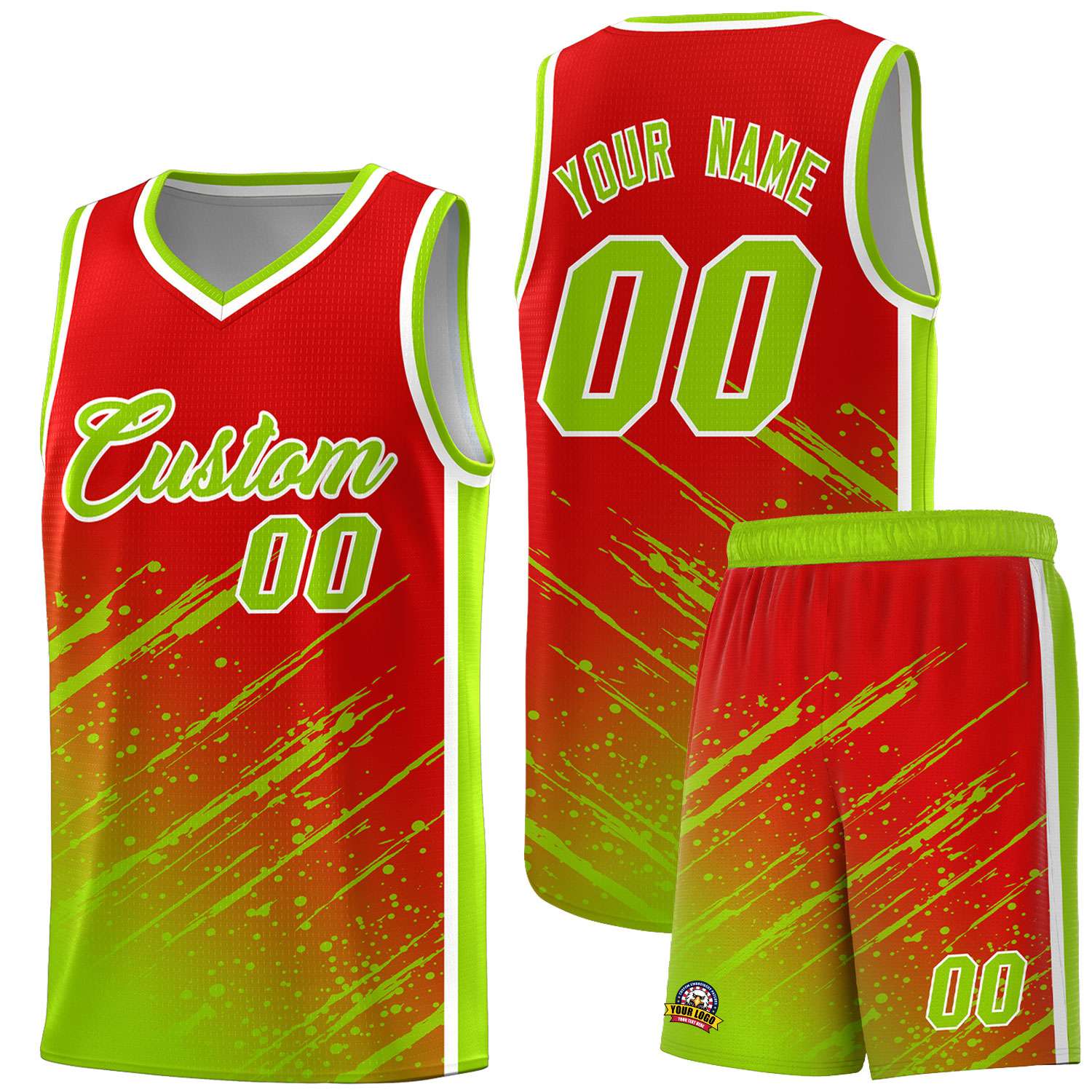 Custom Red Basketball Kits With Neon Green Paint Graffiti