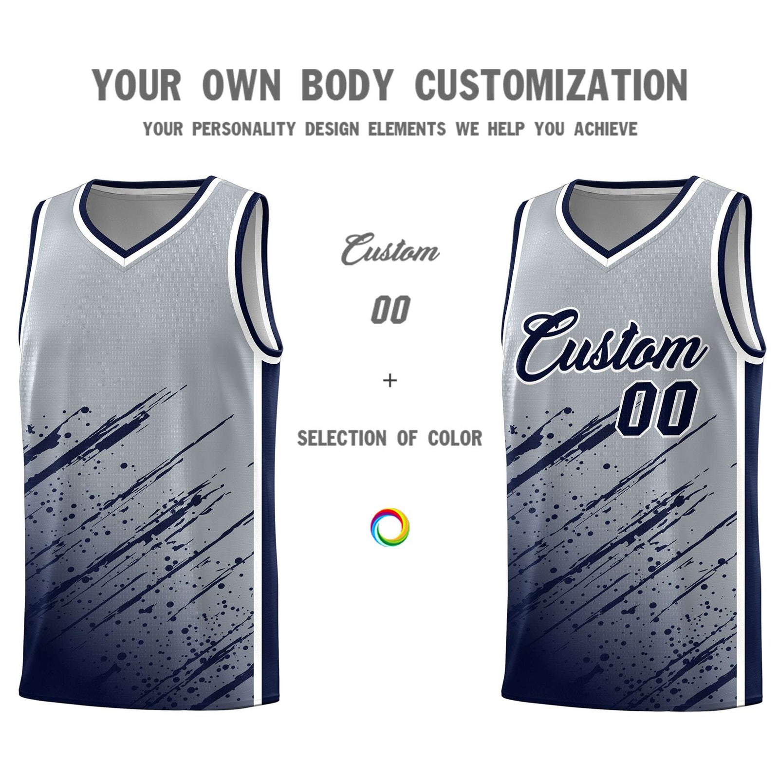 Custom Gray Basketball Kits With Navy Paint Graffiti