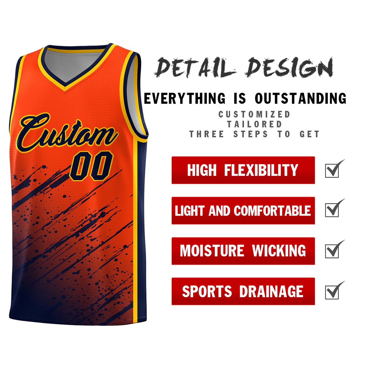 Custom Orange Basketball Kits With Navy Paint Graffiti