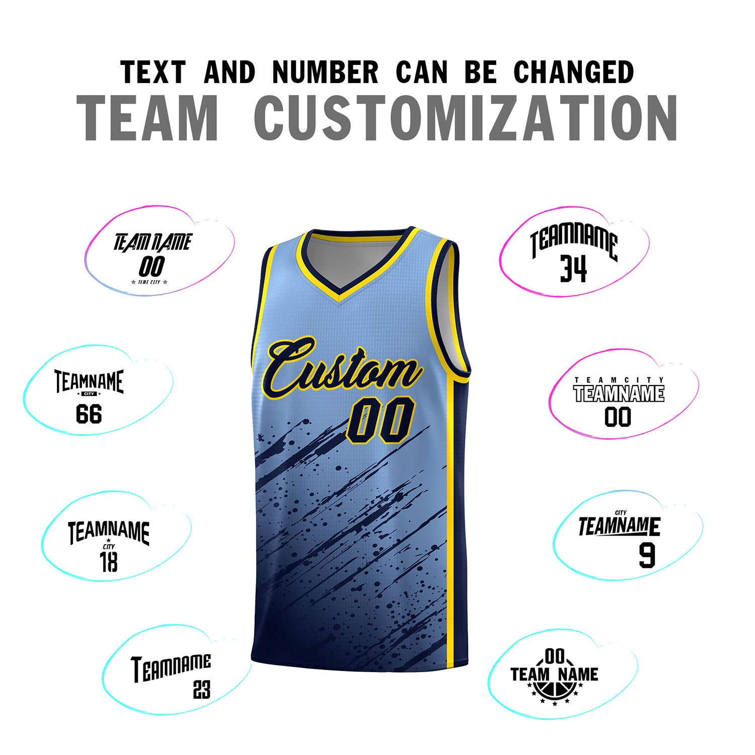 Custom Light Blue Basketball Kits With Navy Paint Graffiti