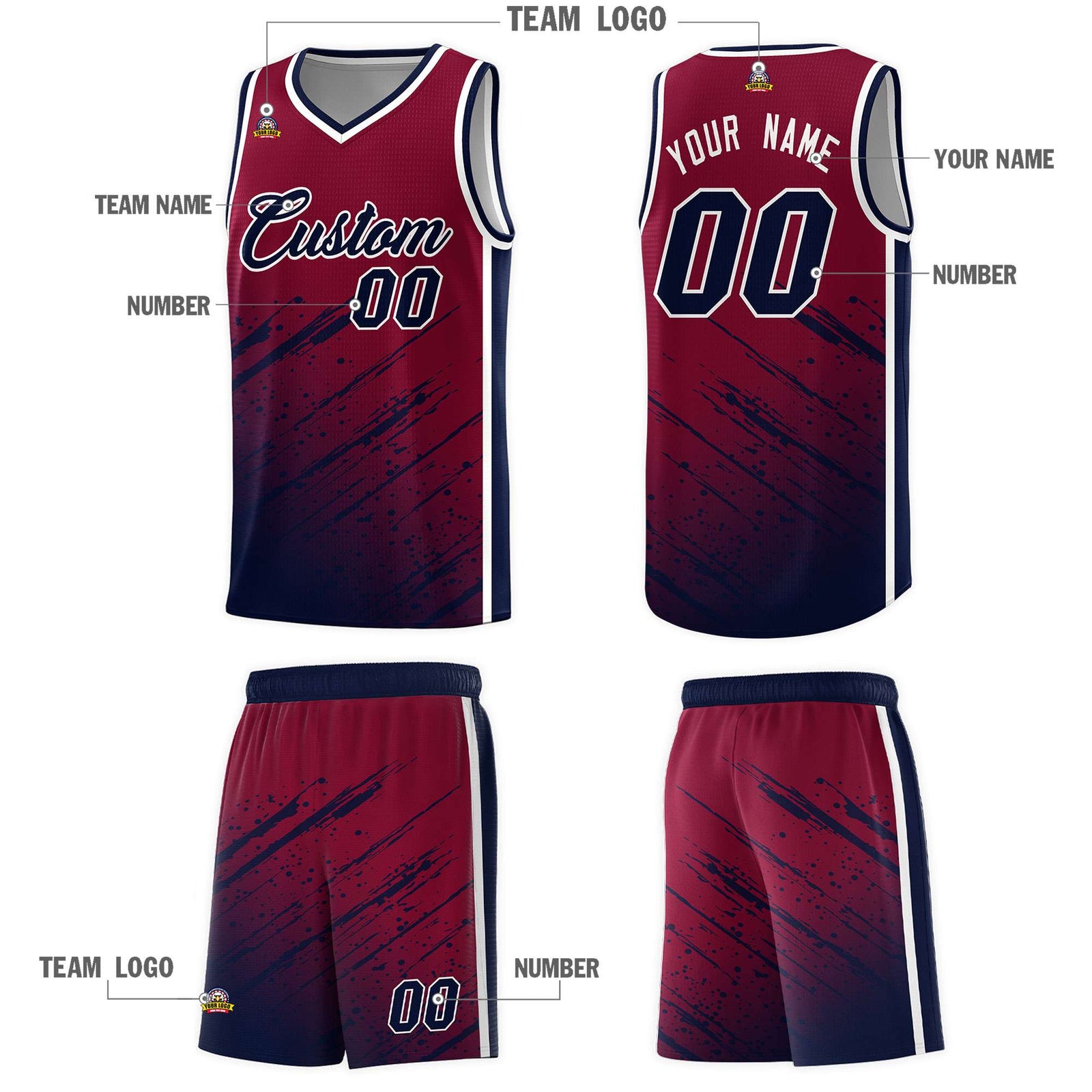 Custom Crimson Basketball Kits With Navy Paint Graffiti