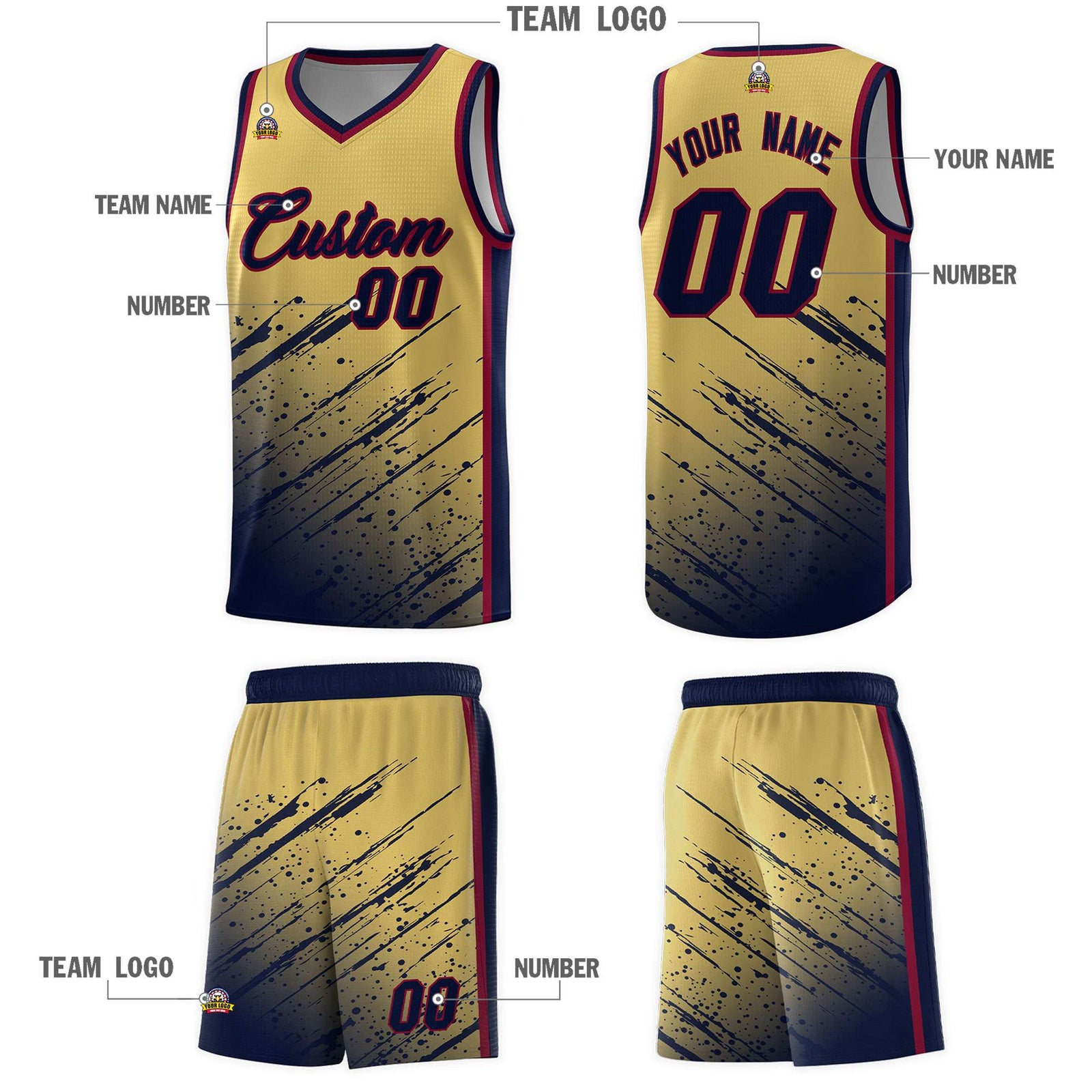 Custom Khaki Basketball Kits With Navy Paint Graffiti