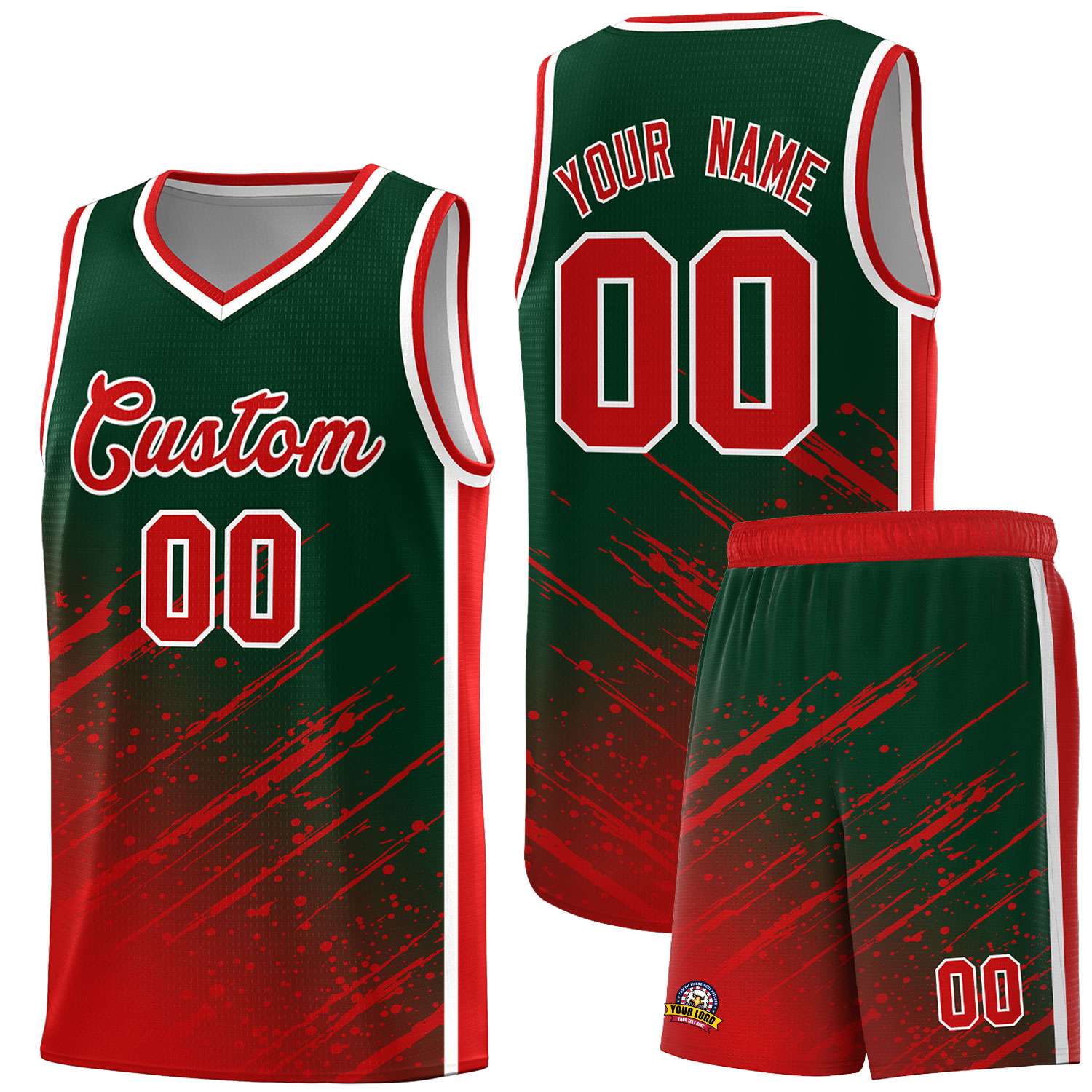 Custom Green Basketball Kits With Red Paint Graffiti