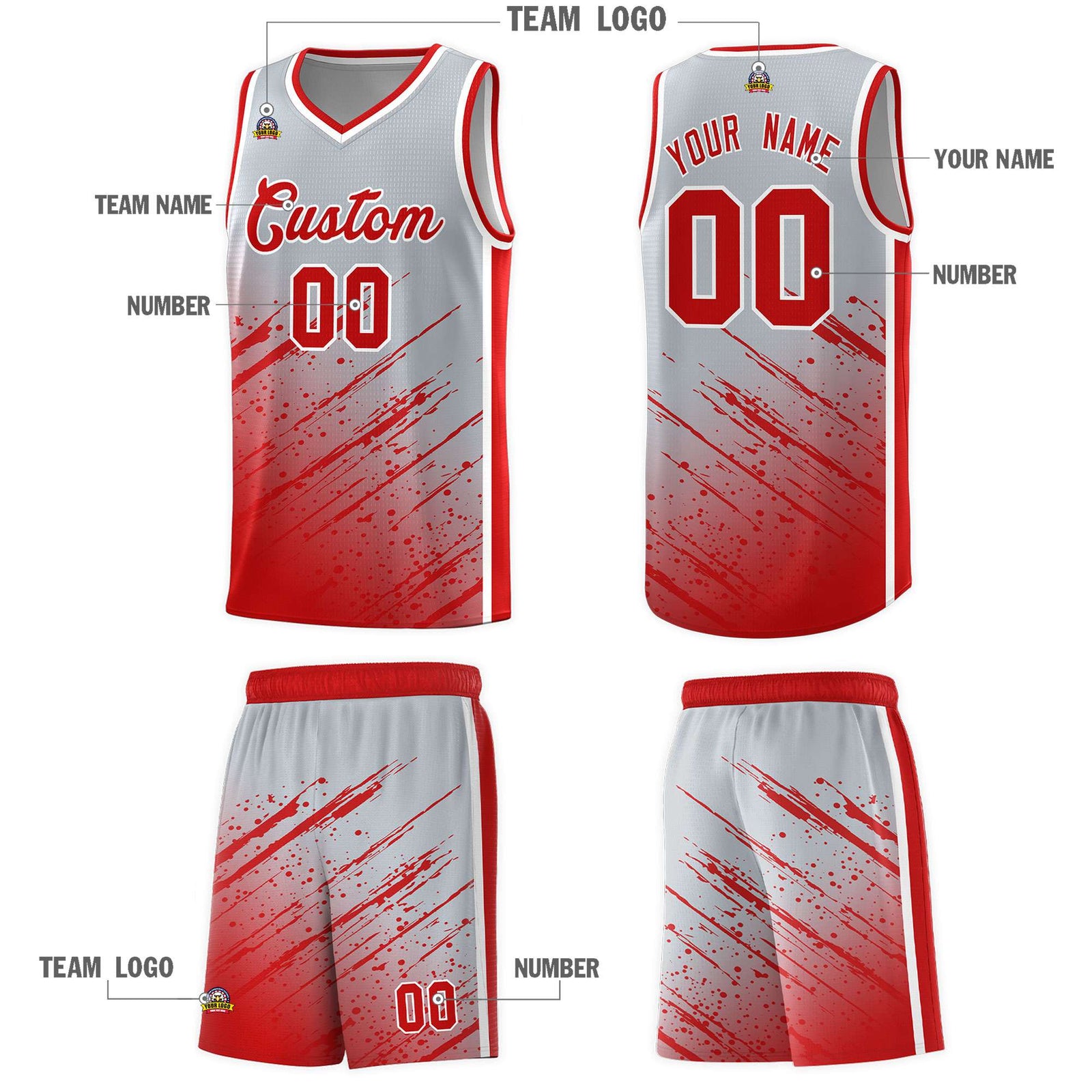 Custom Gray Basketball Kits With Red Paint Graffiti