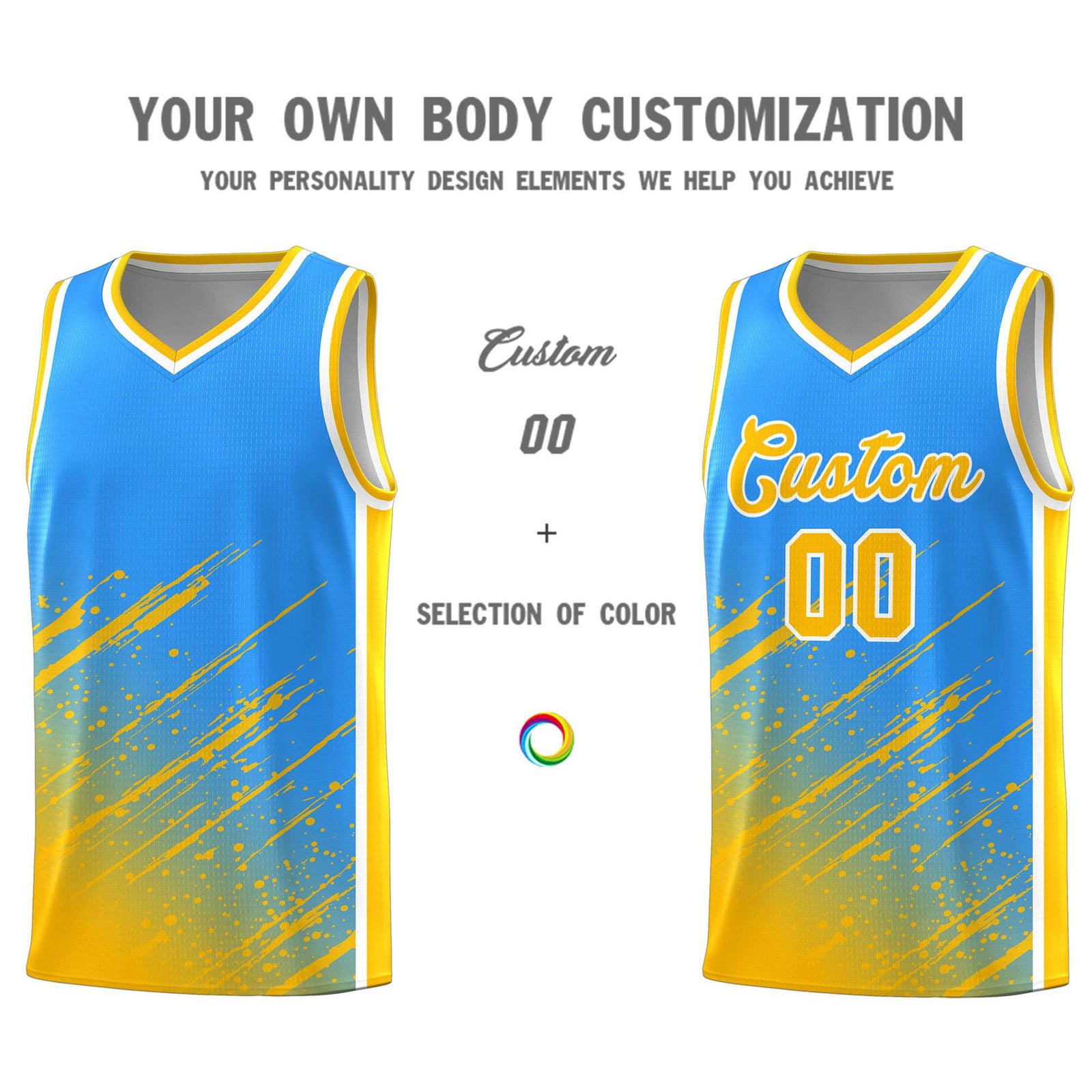 Custom Powder Blue Basketball Kits With Yellow Paint Graffiti