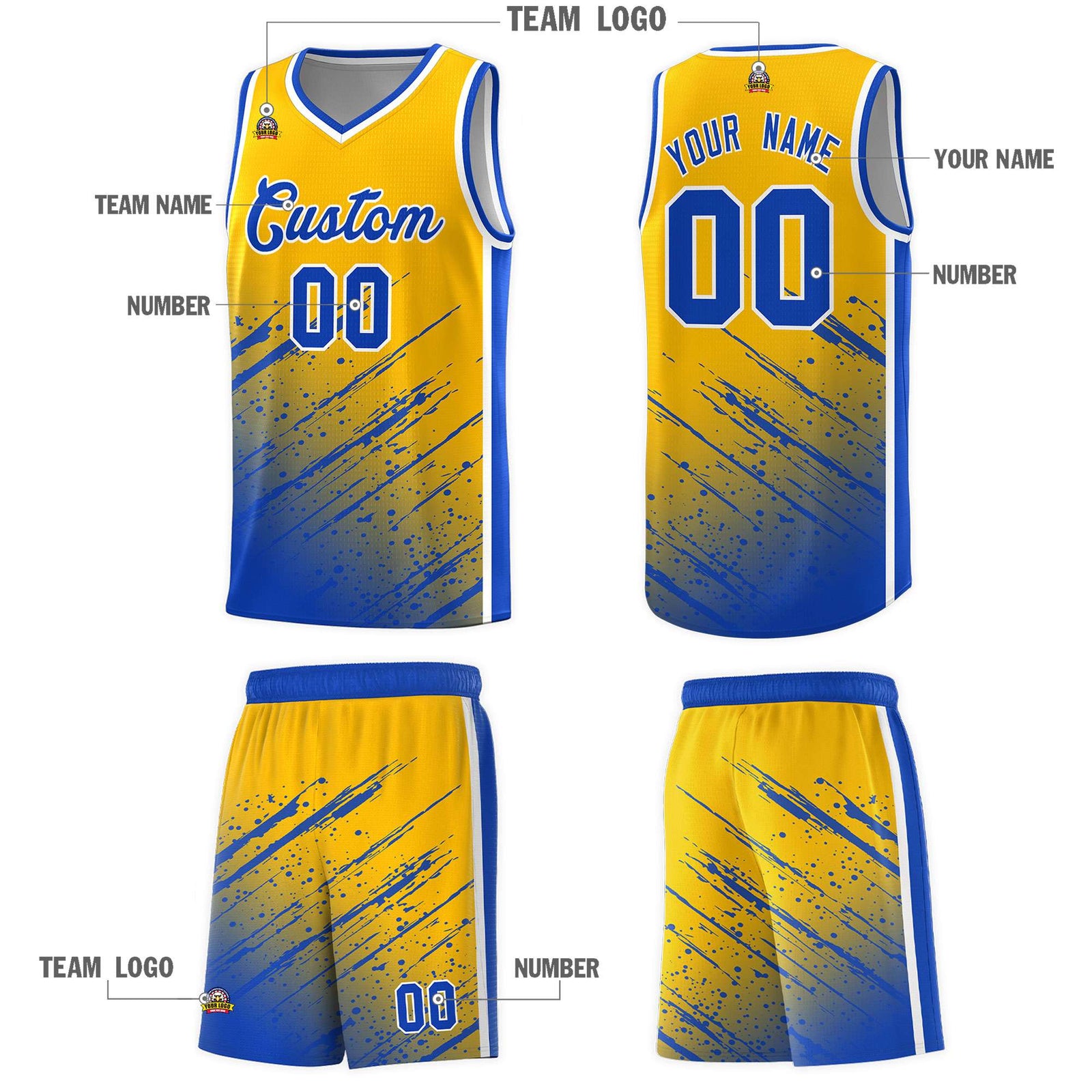 Custom Yellow Basketball Kits With Royal Paint Graffiti