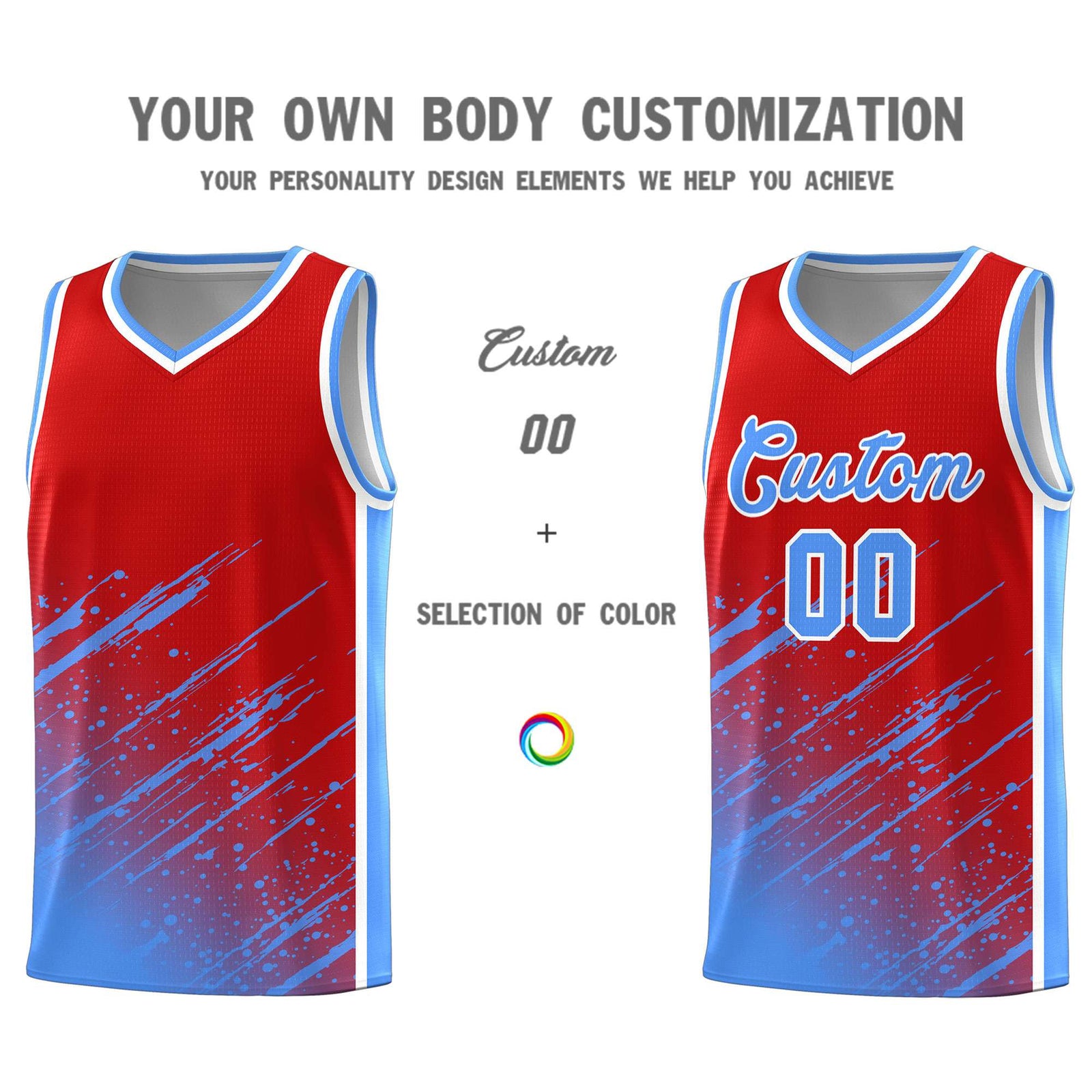 Custom Red Basketball Kits With Powder Blue Paint Graffiti