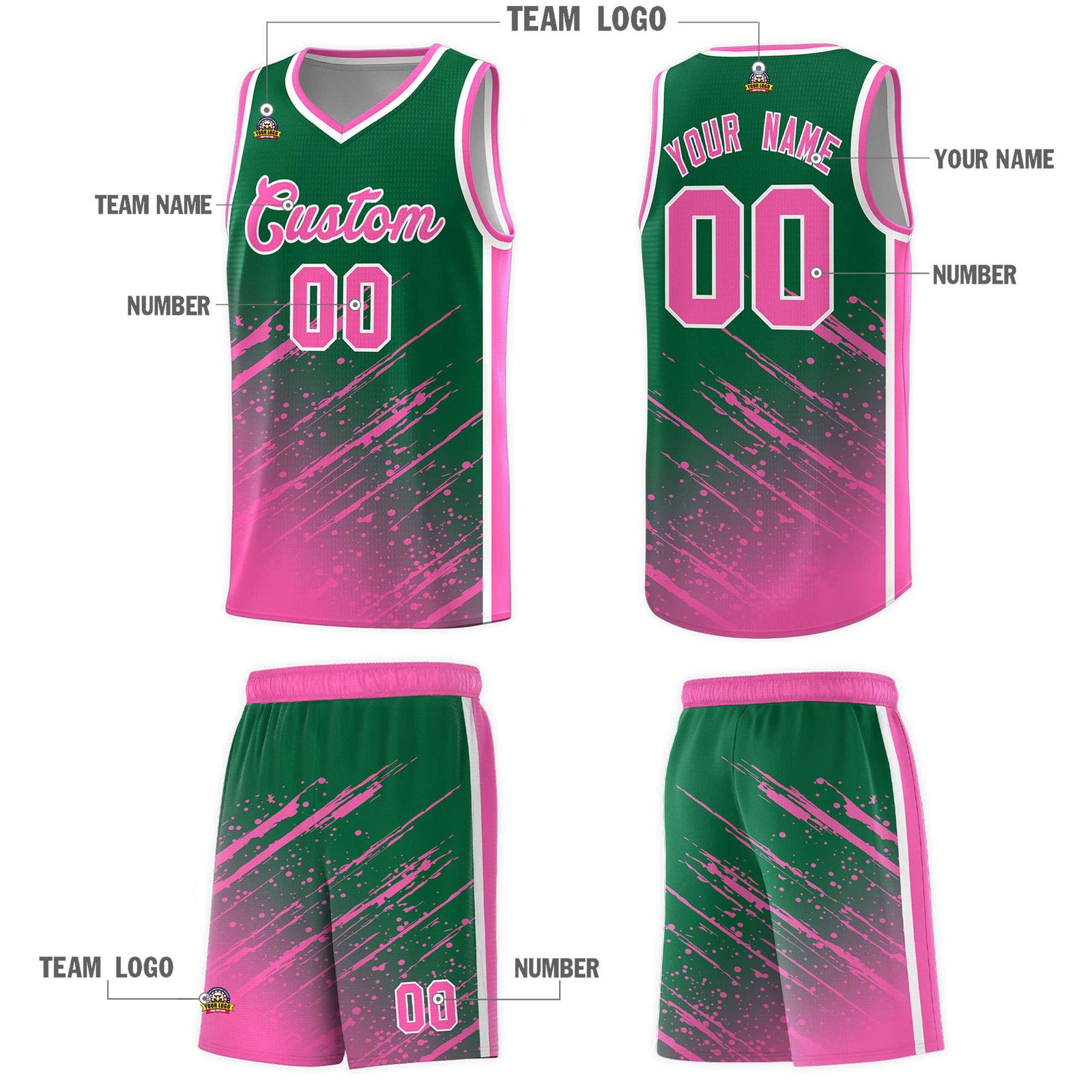 Custom Kelly Green Basketball Kits With Pink Paint Graffiti
