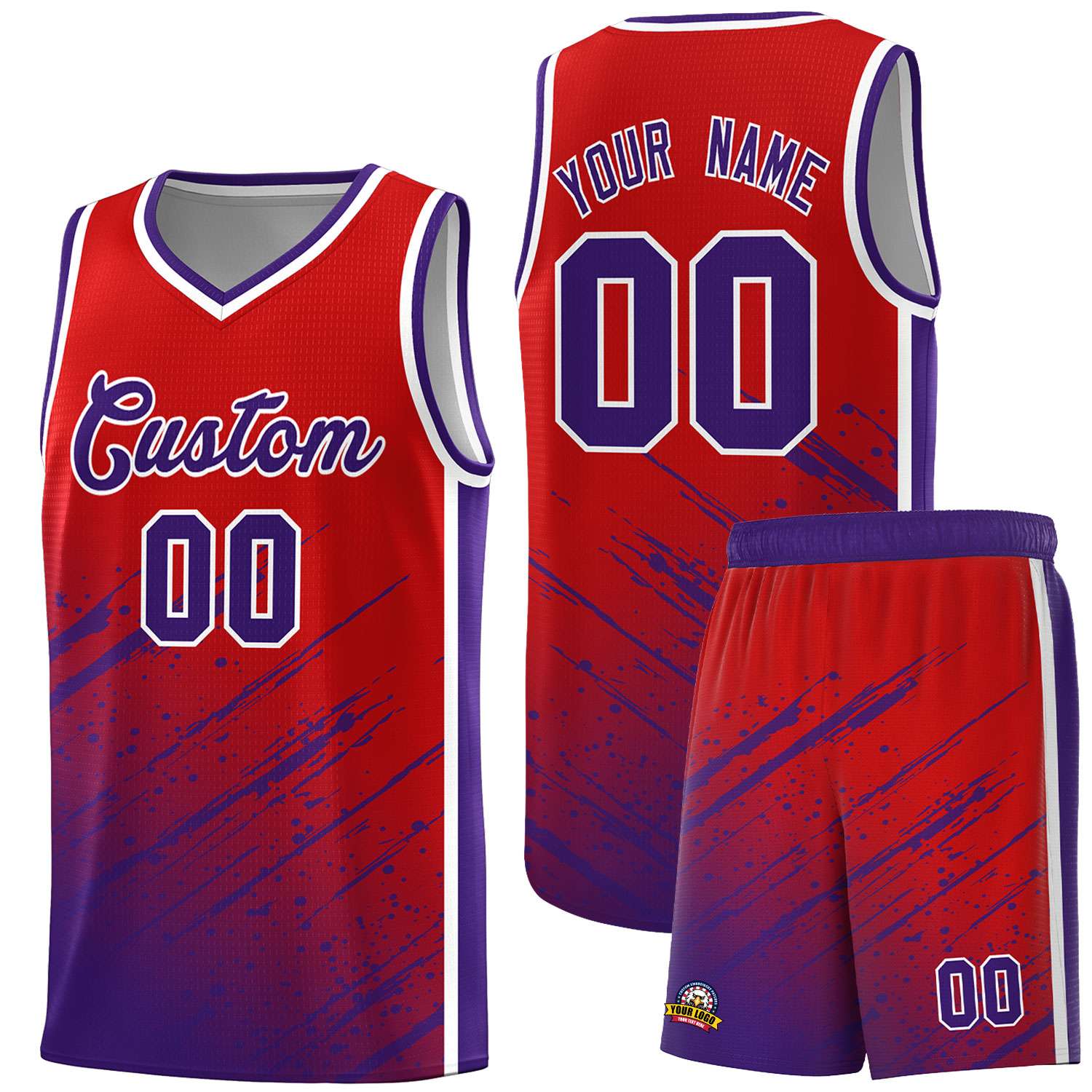 Custom Red Basketball Kits With Purple Paint Graffiti