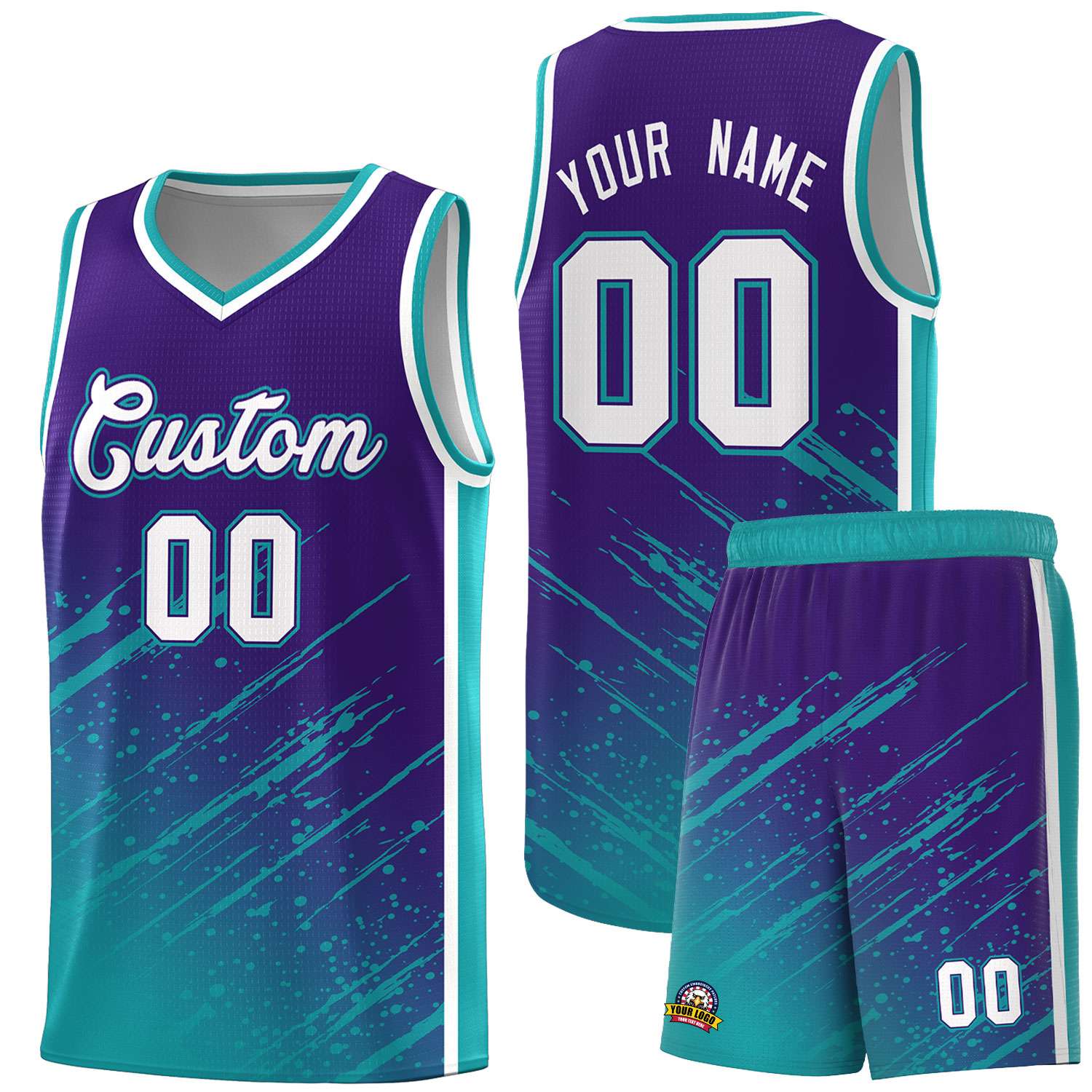 Custom Purple Basketball Kits With Aqua Paint Graffiti