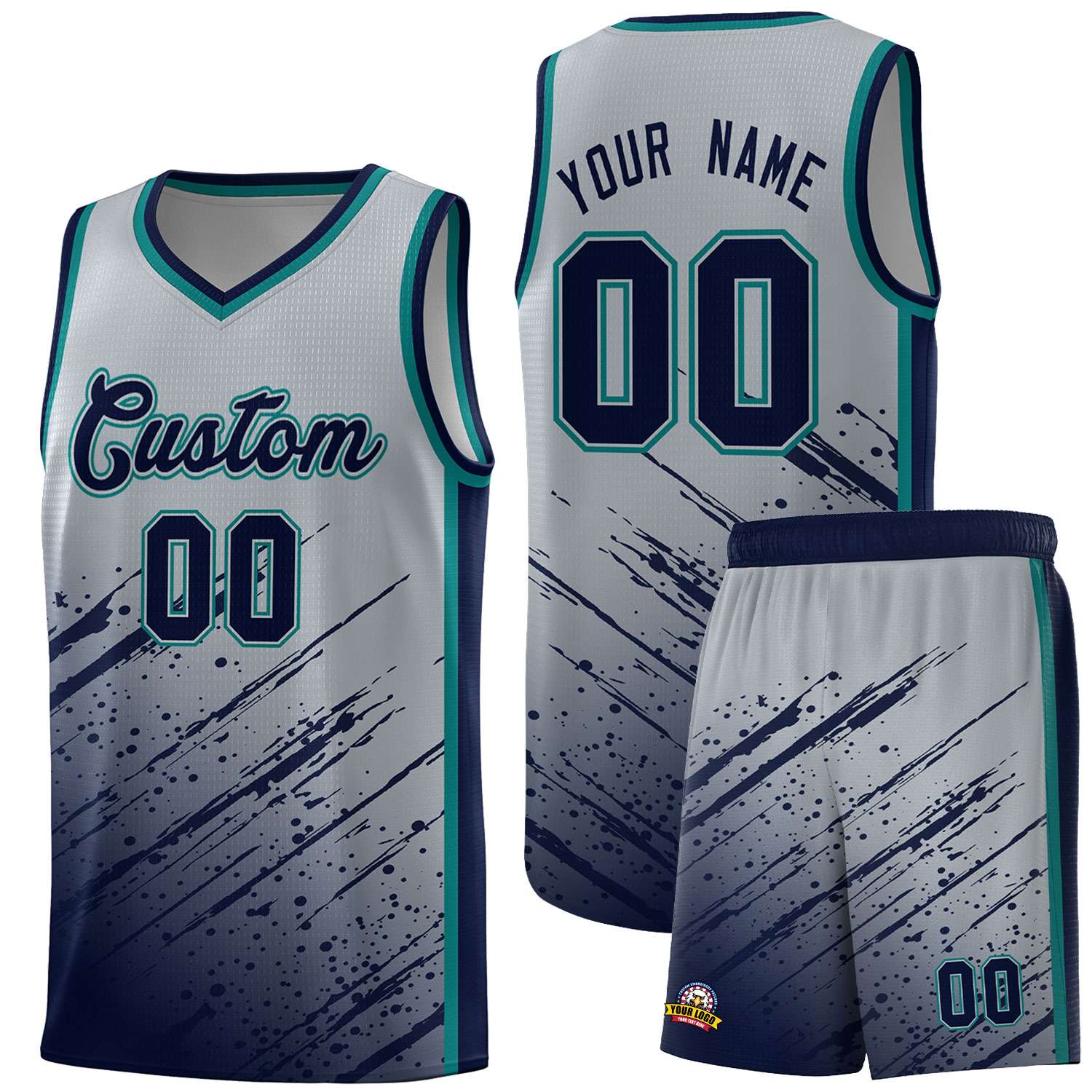 Custom Gray Basketball Kits With Navy Paint Graffiti