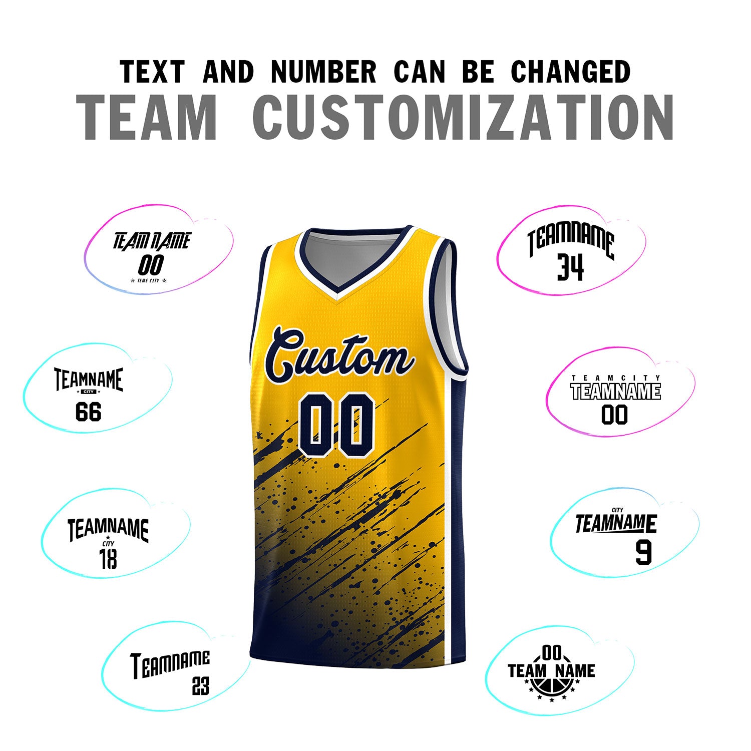 Custom Yellow Basketball Kits With Navy Paint Graffiti