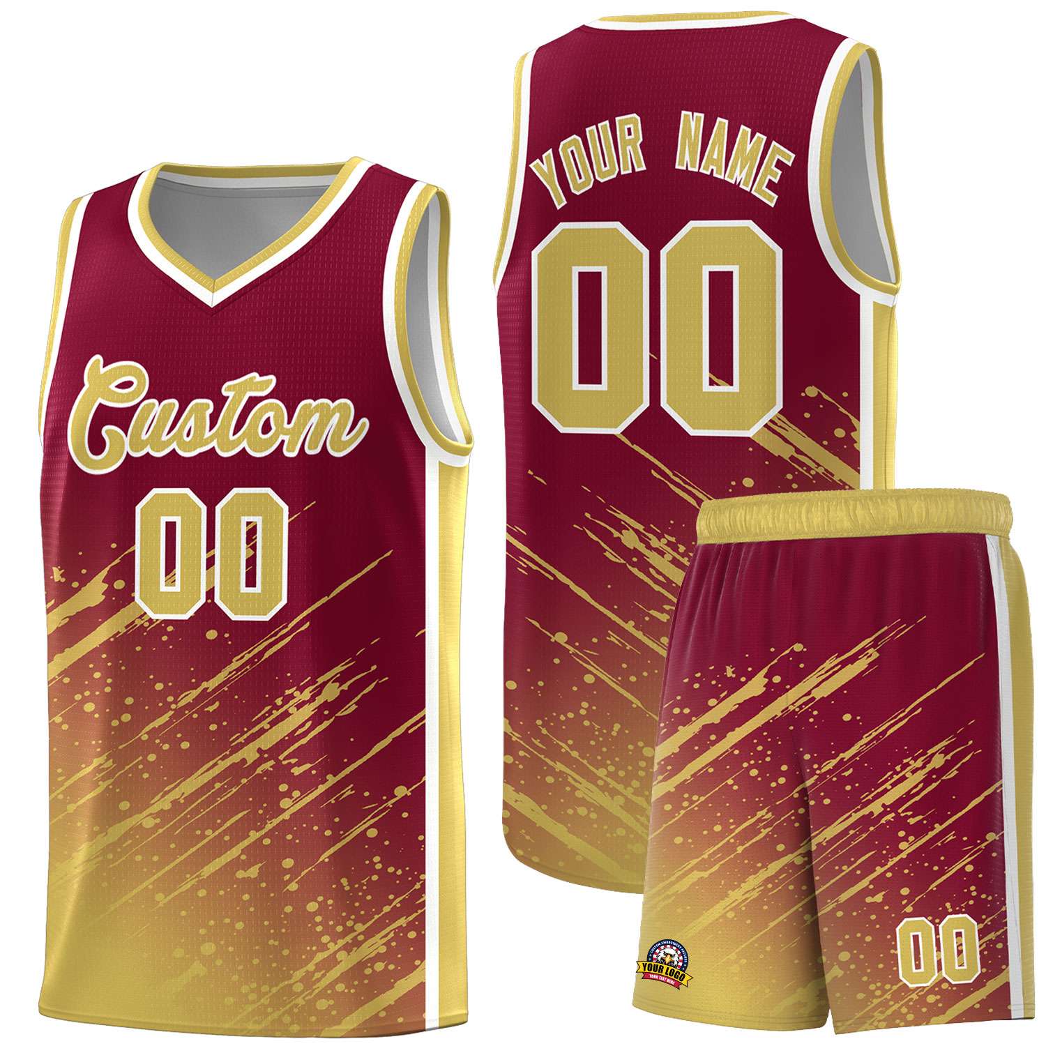 Custom Crimson Basketball Kits With Khaki Paint Graffiti