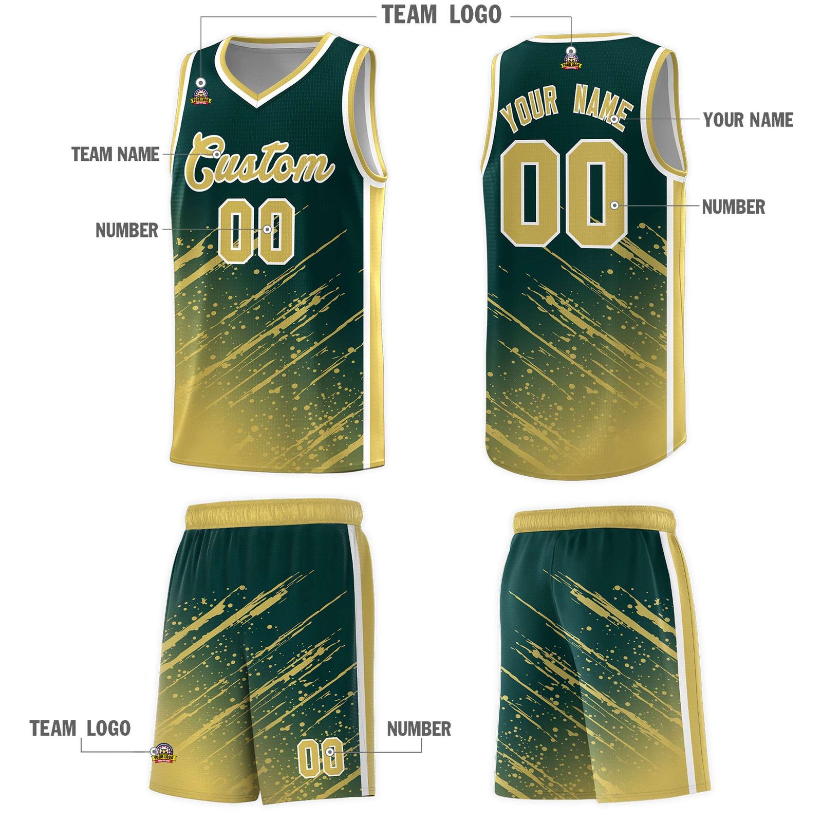 Custom Midnight Green Basketball Kits With Khaki Paint Graffiti