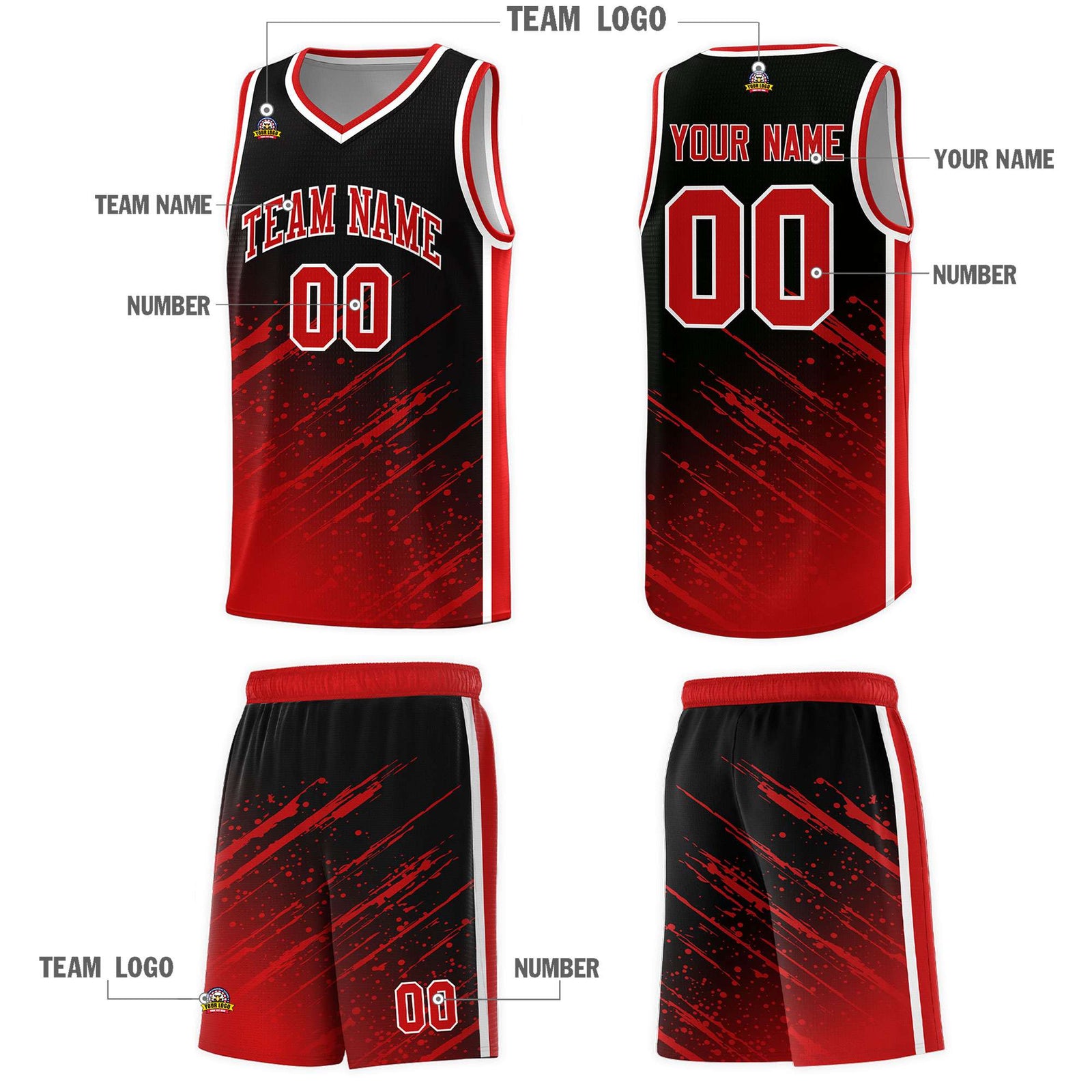 Custom Black Basketball Kits With Red Paint Graffiti