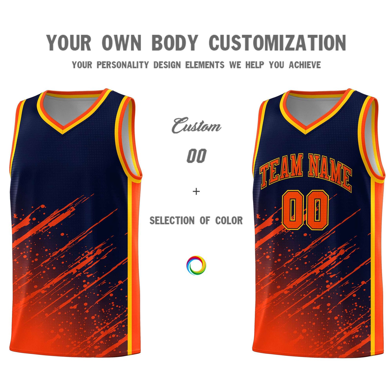 Custom Navy Basketball Kits With Orange Paint Graffiti