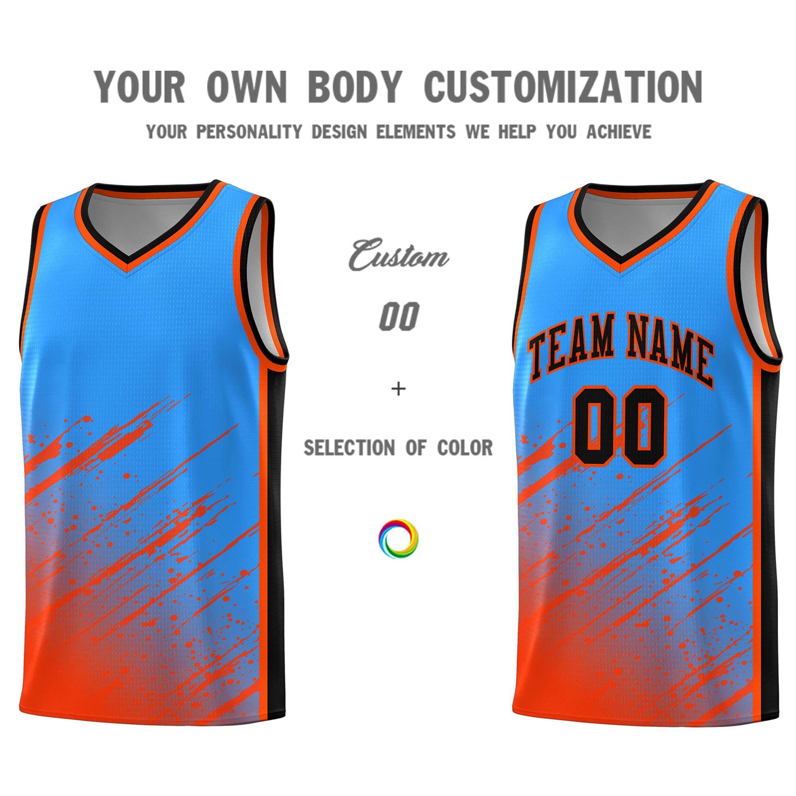 Custom Powder Blue Basketball Kits With Orange Paint Graffiti