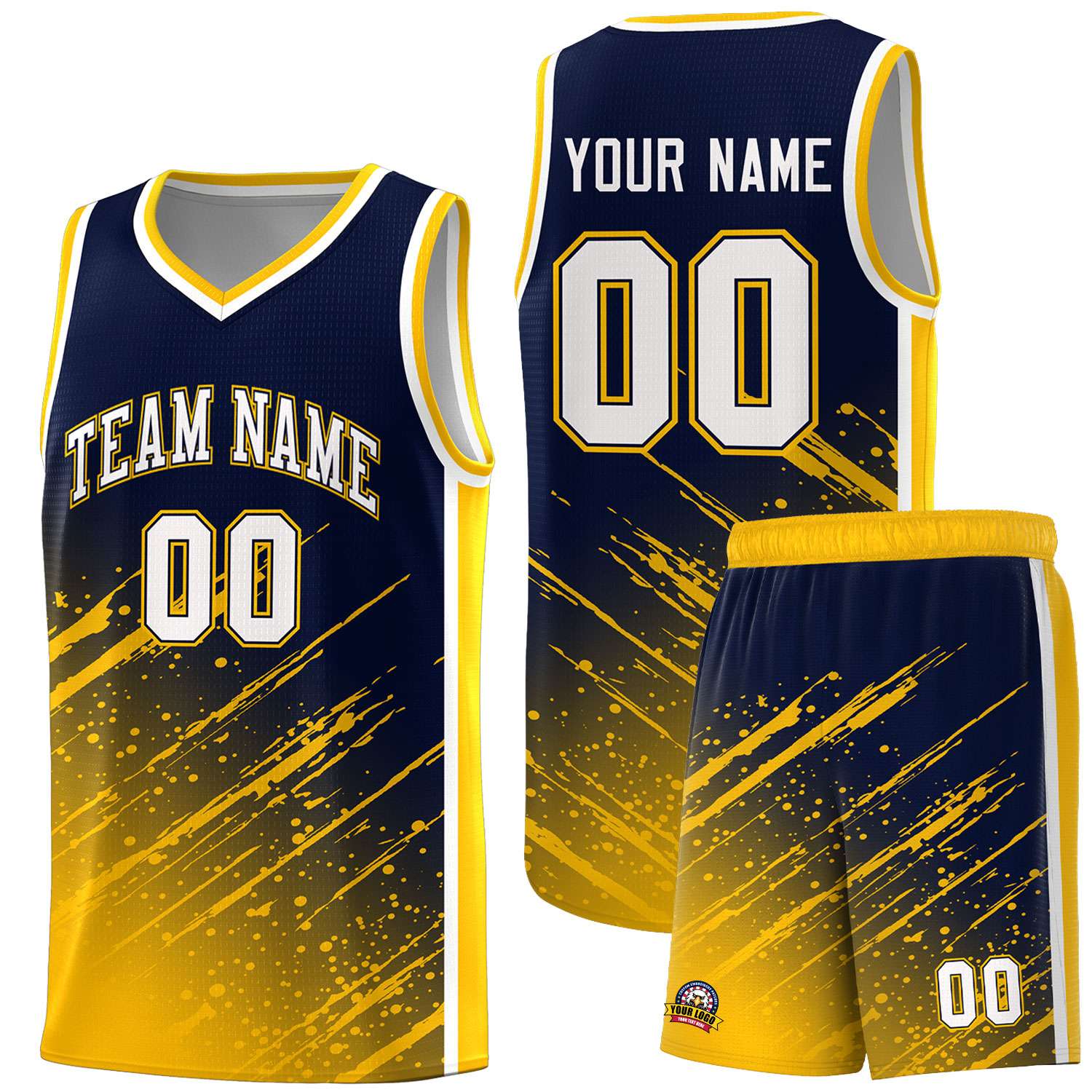 Custom Navy Basketball Kits With Yellow Paint Graffiti