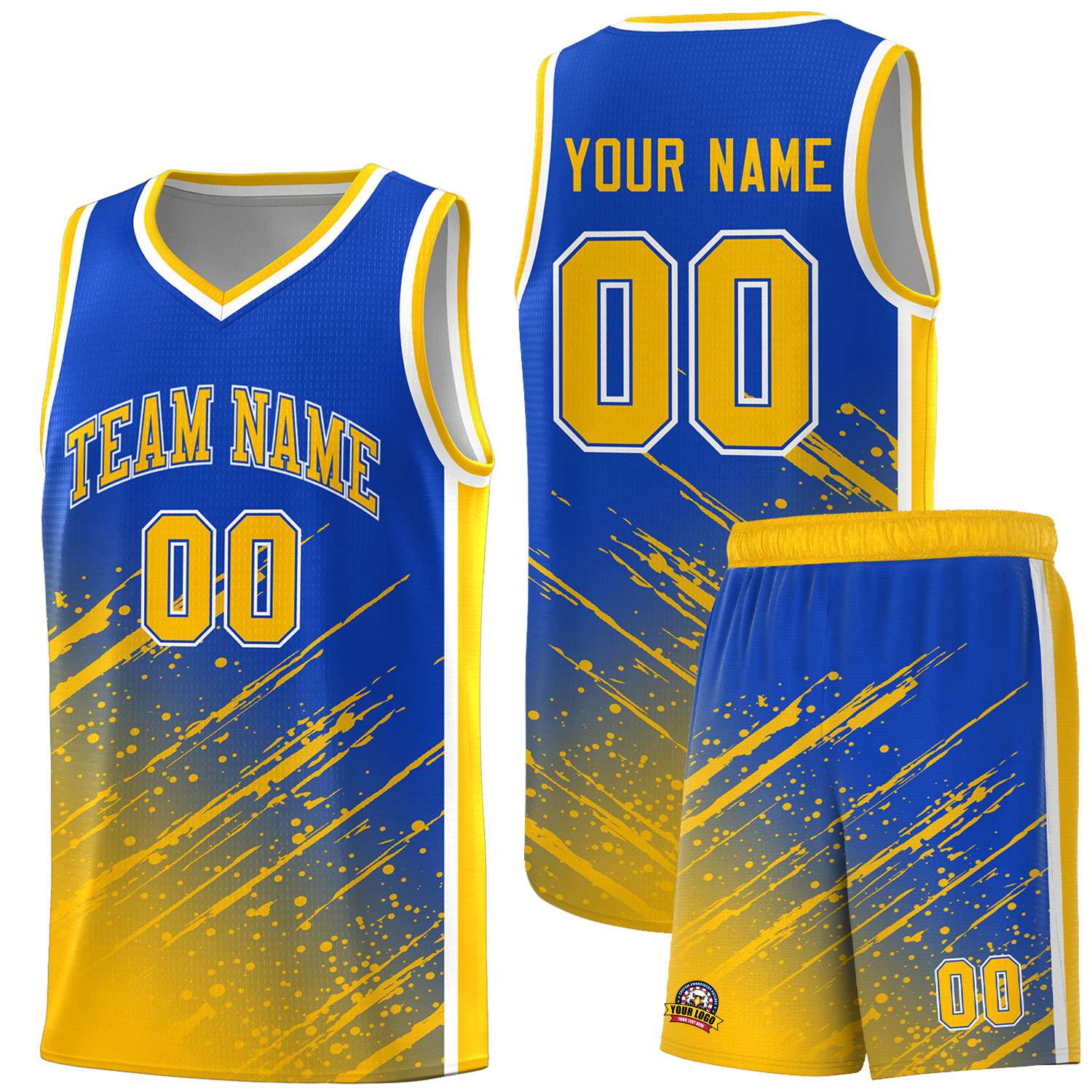 Custom Royal Basketball Kits With Yellow Paint Graffiti