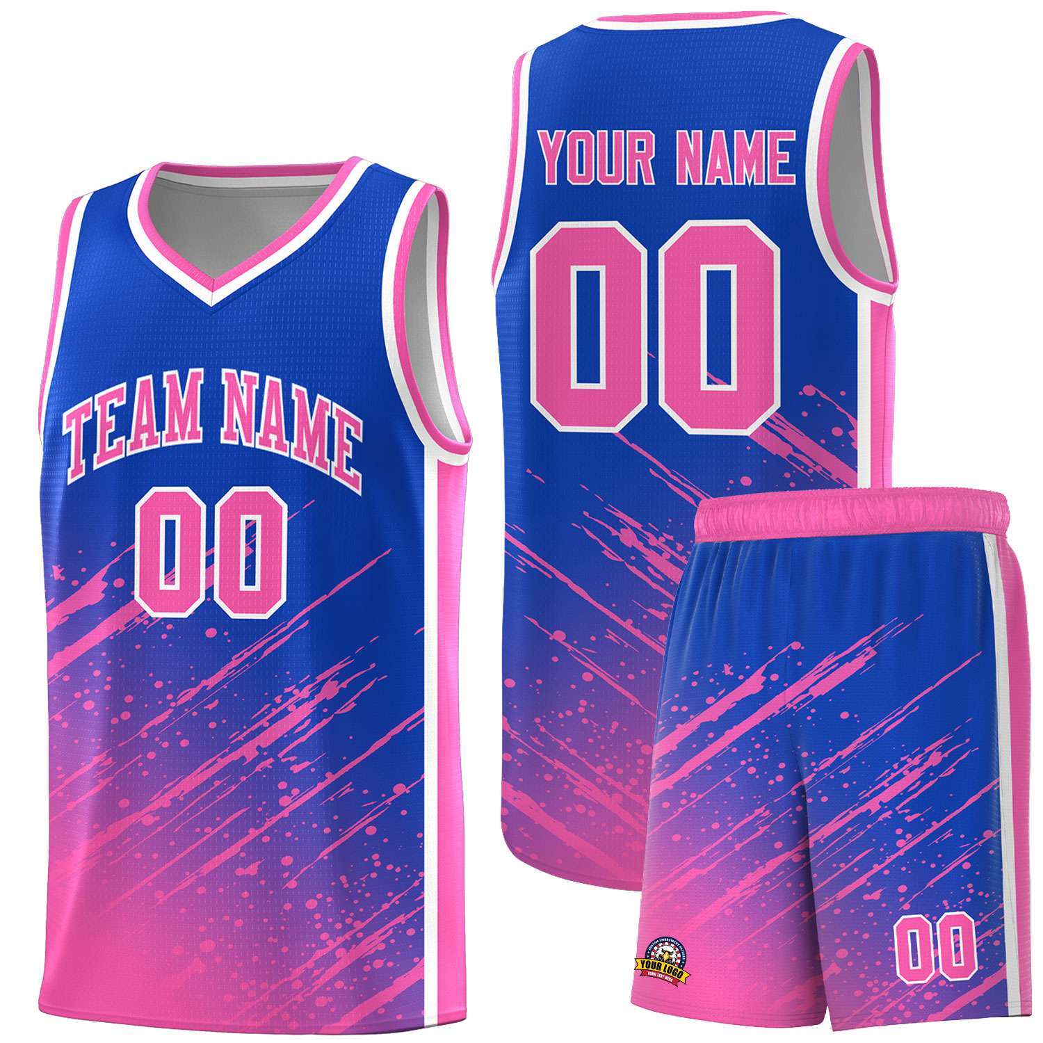 Custom Royal Basketball Kits With Pink Paint Graffiti