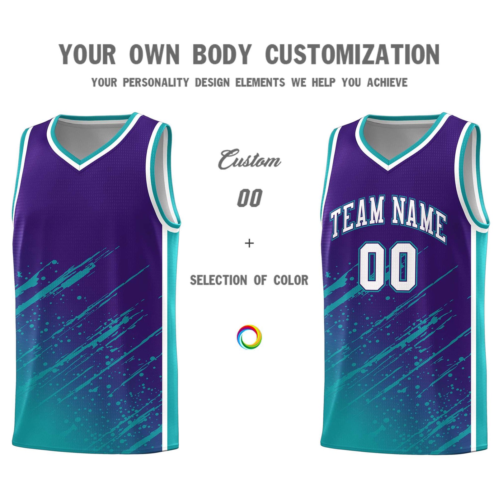Custom Purple Basketball Kits With Aqua Paint Graffiti