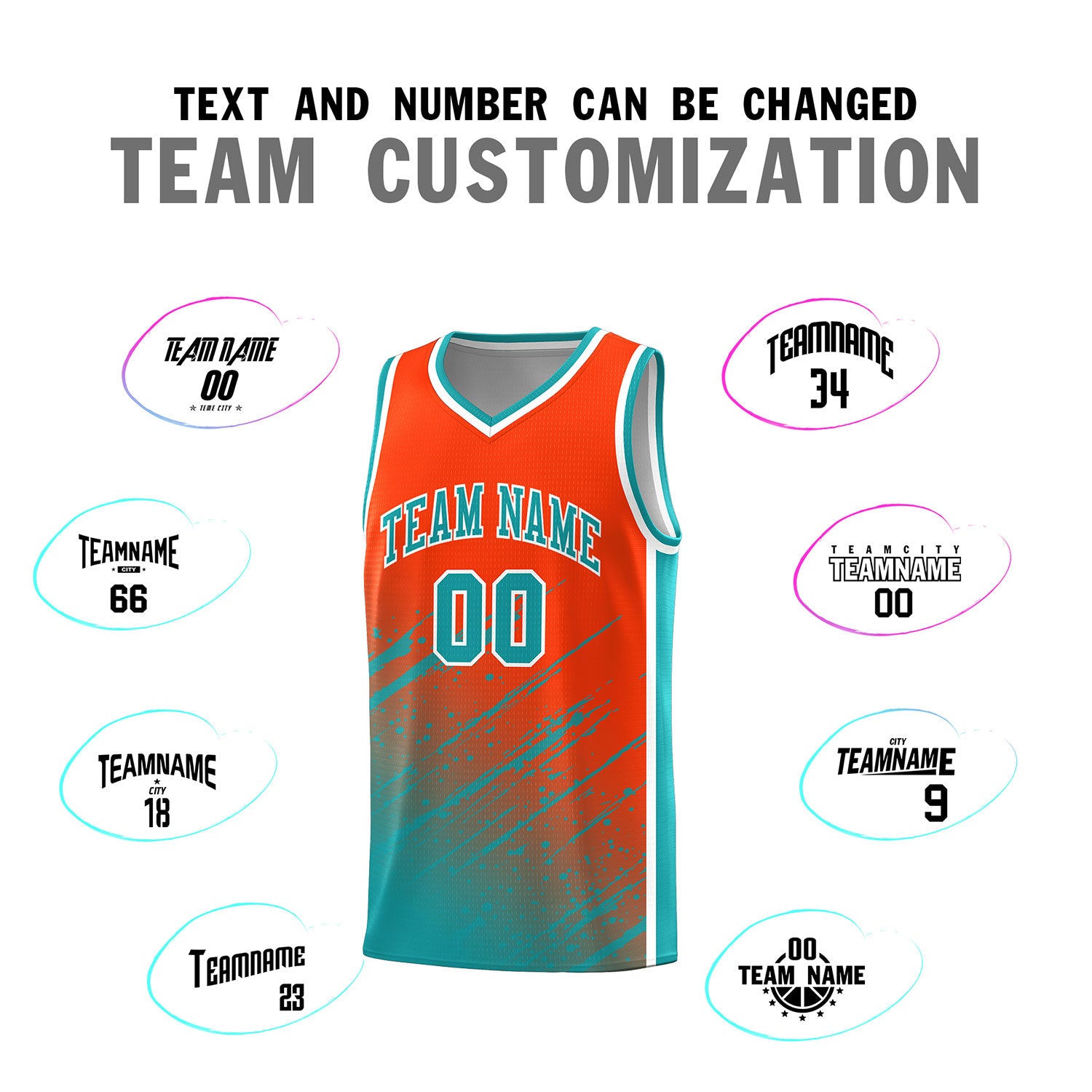 Custom Orange Basketball Kits With Aqua Paint Graffiti