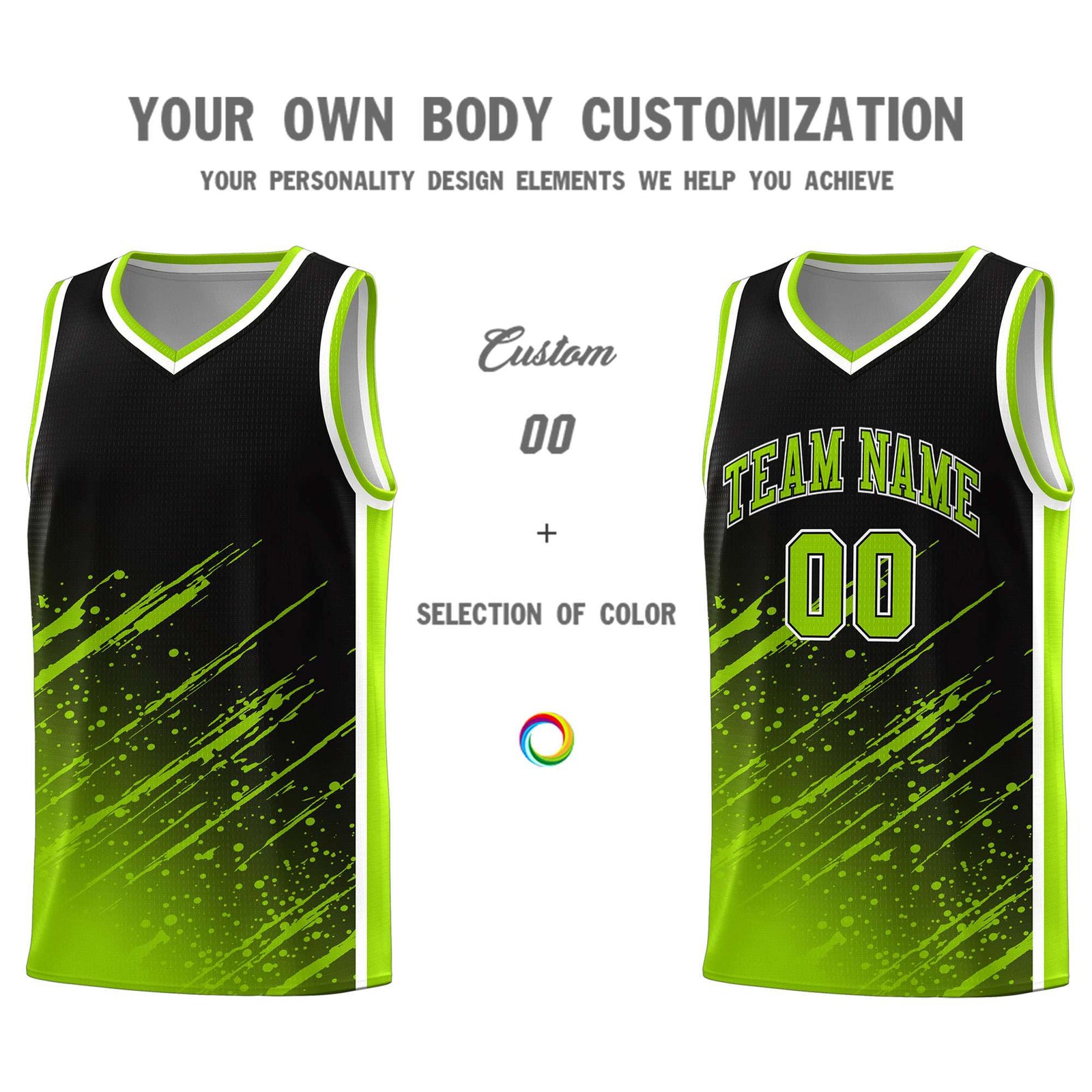 Custom Black Basketball Kits With Neon Green Paint Graffiti