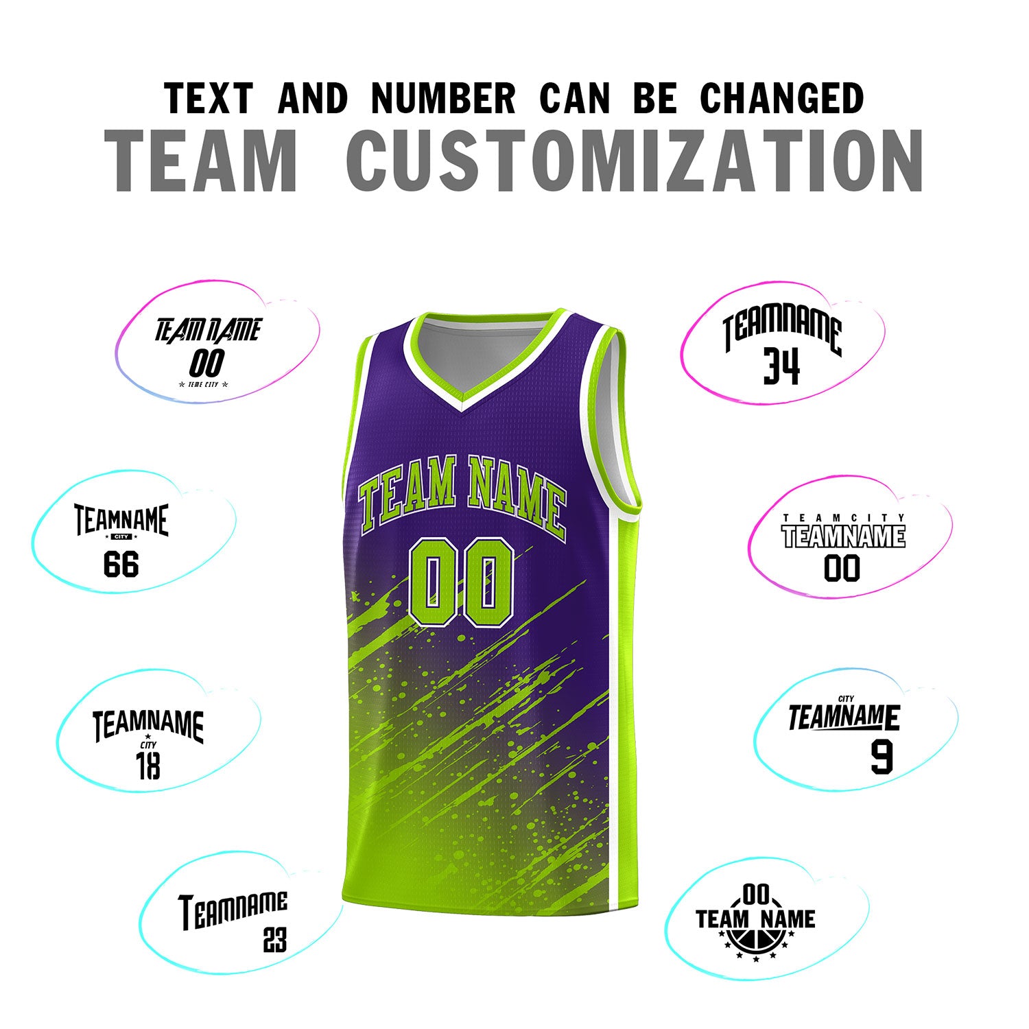 Custom Purple Basketball Kits With Neon Green Paint Graffiti