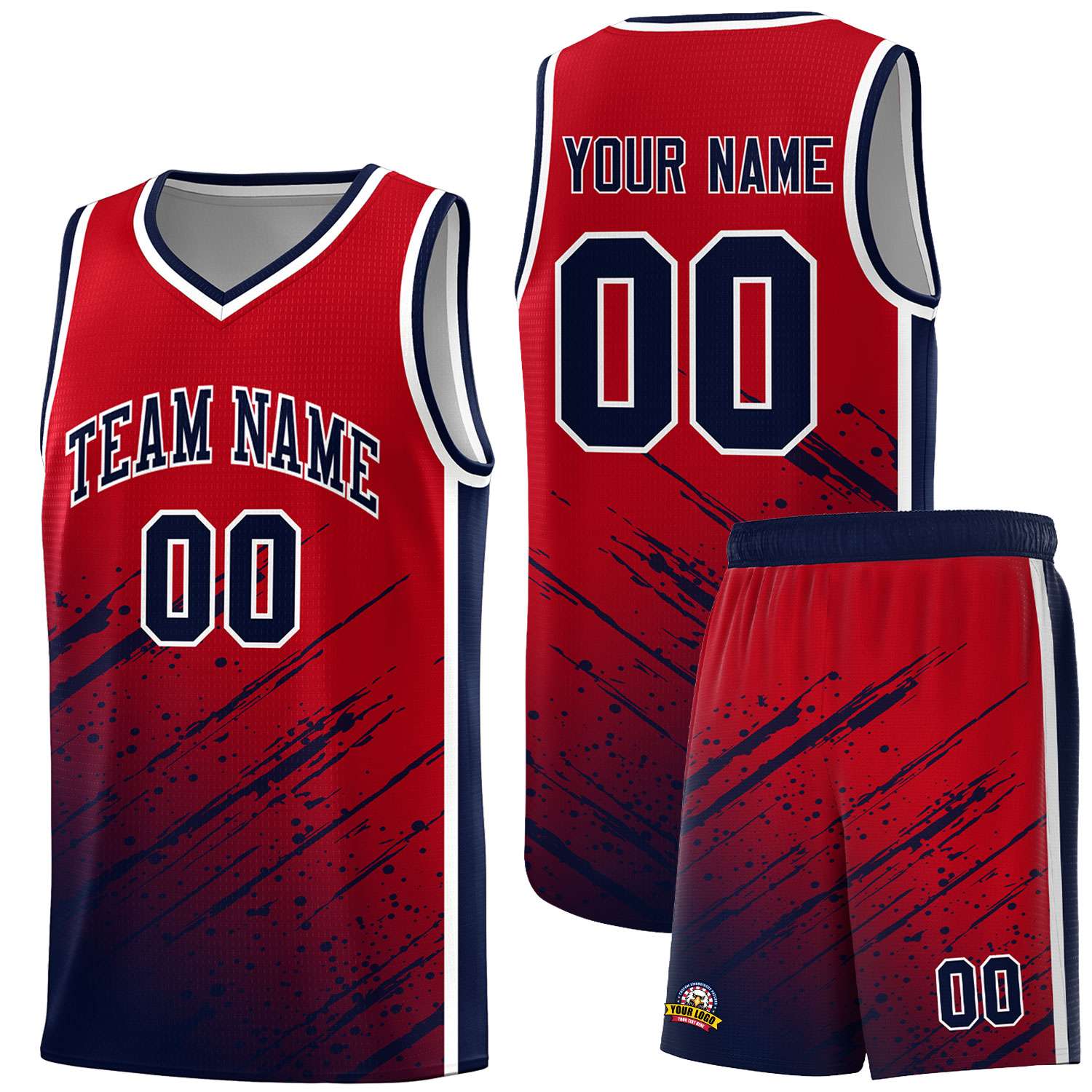Custom Red Basketball Kits With Navy Paint Graffiti