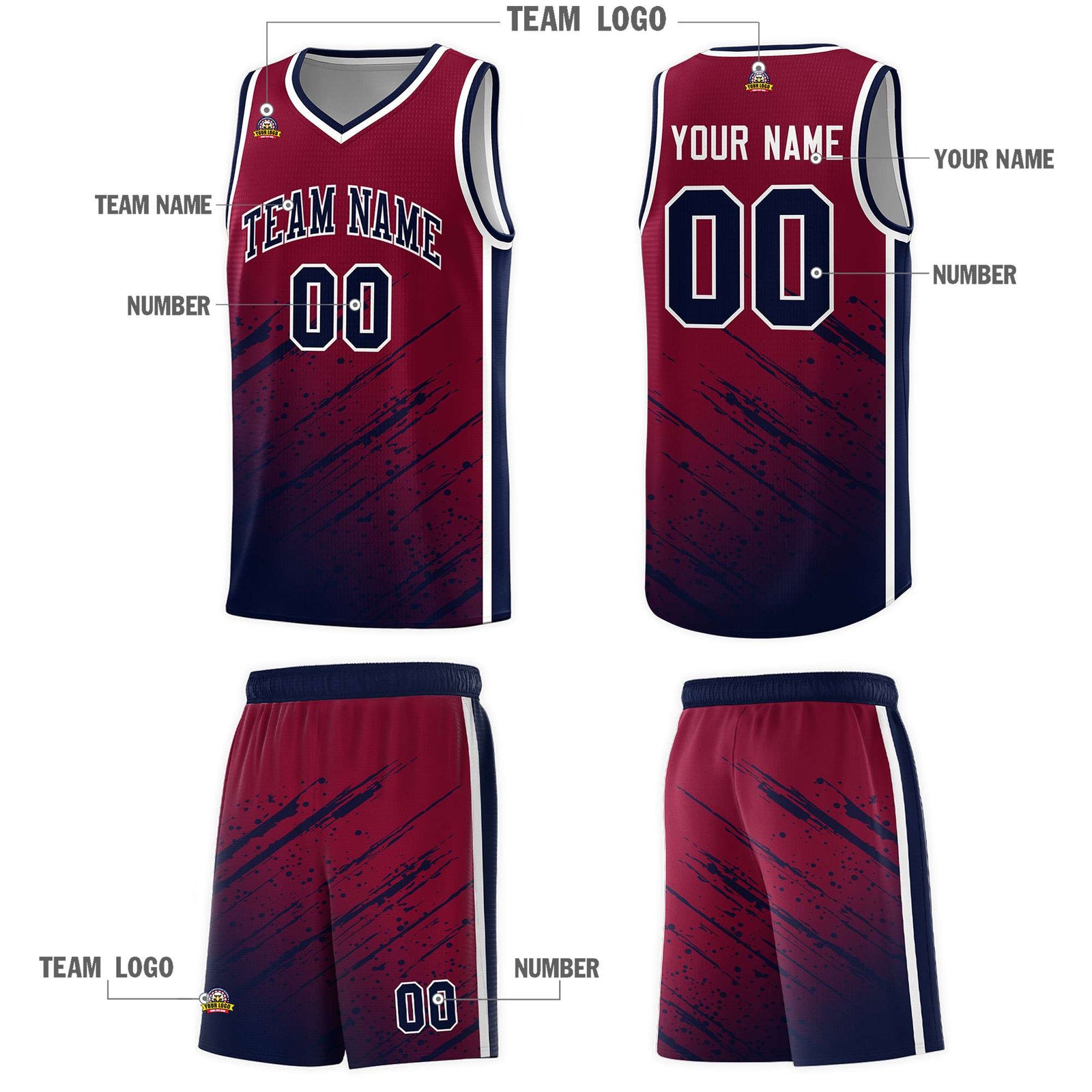 Custom Crimson Basketball Kits With Navy Paint Graffiti