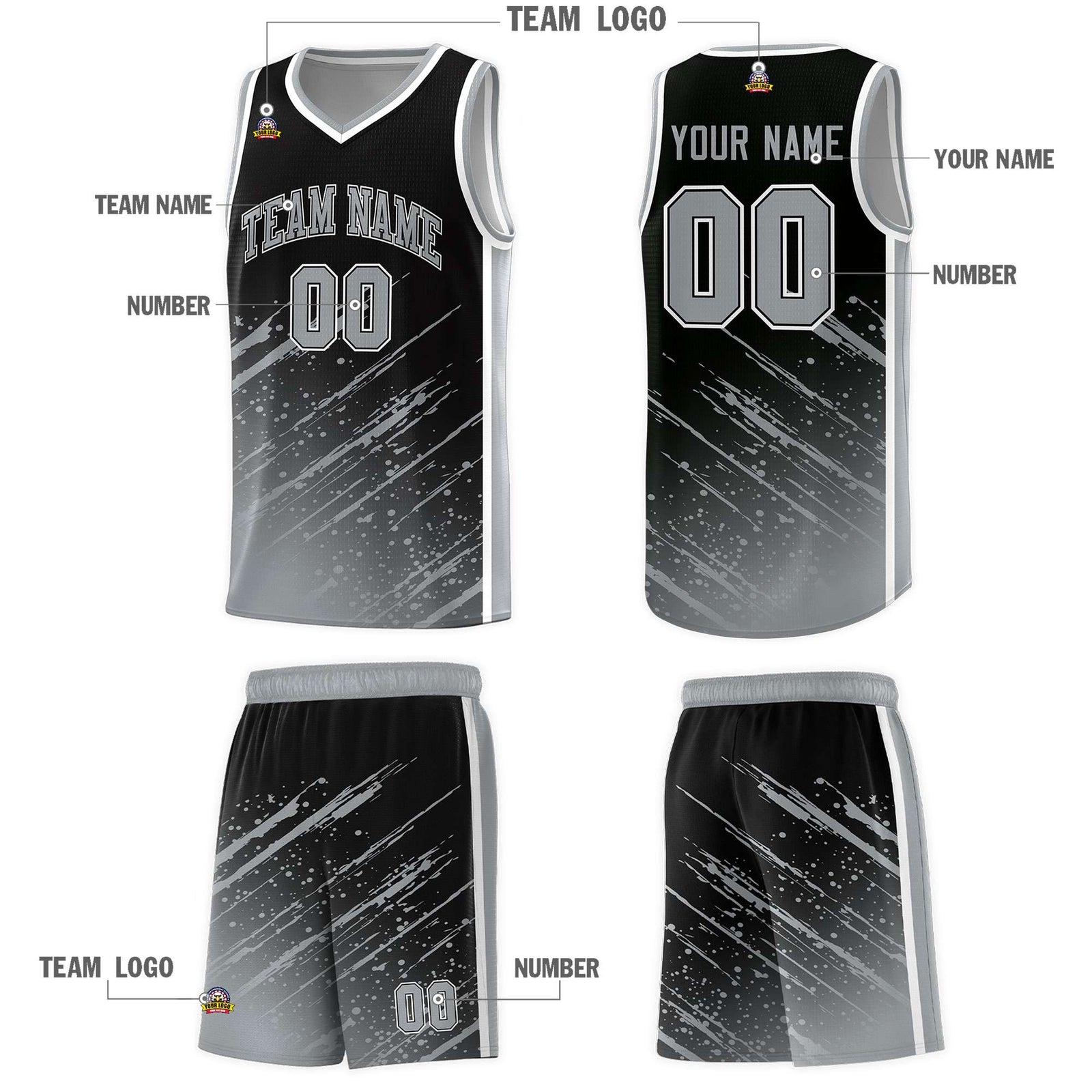 Custom Black Basketball Kits With Gray Paint Graffiti