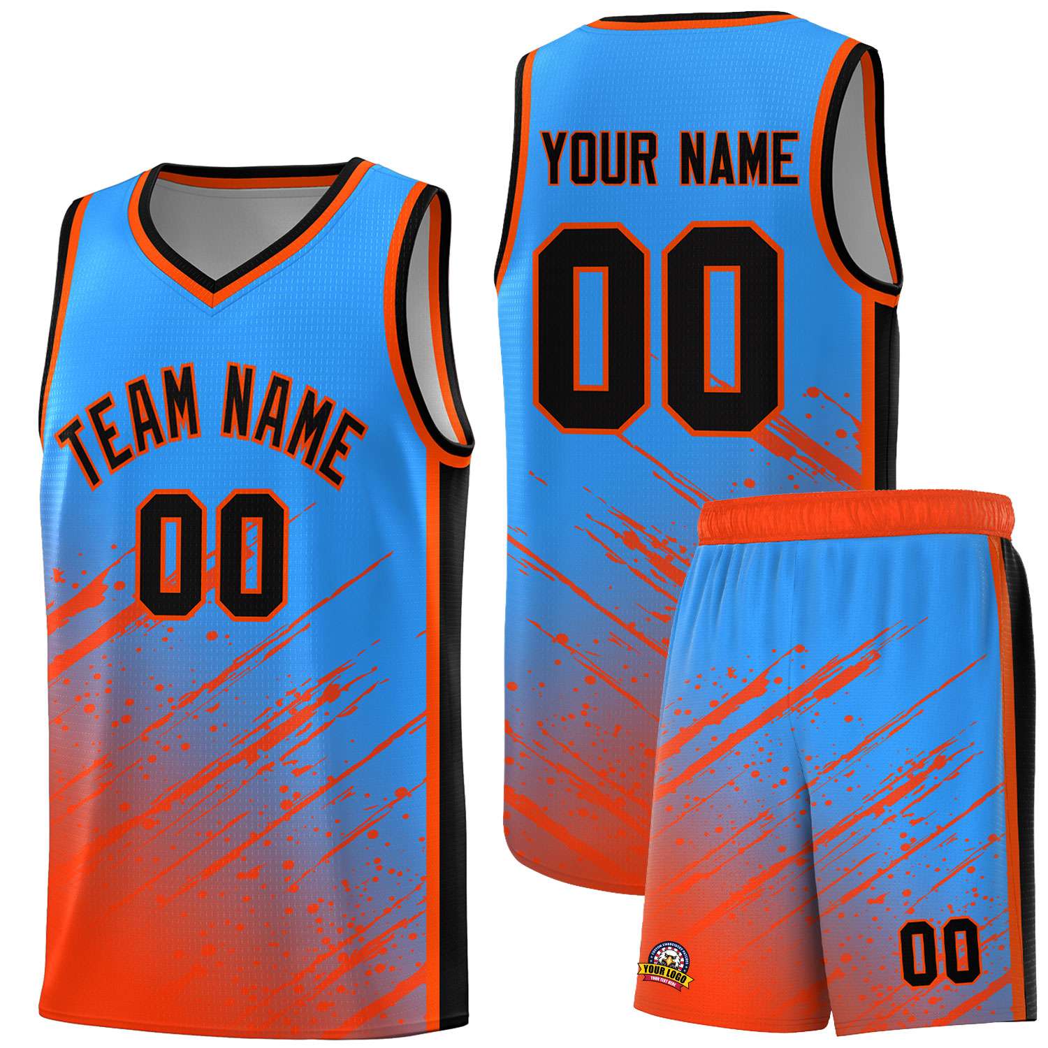 Custom Powder Blue Basketball Kits With Orange Paint Graffiti