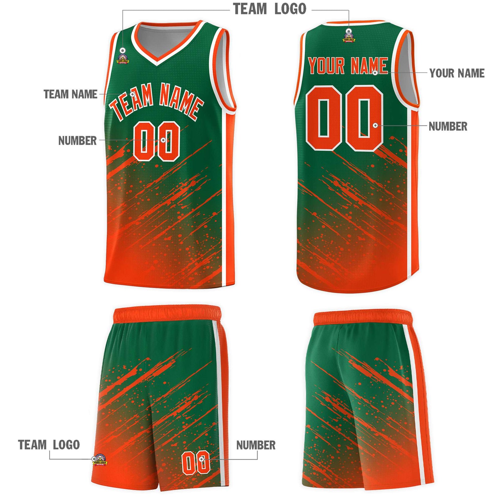Custom Kelly Green Basketball Kits With Orange Paint Graffiti
