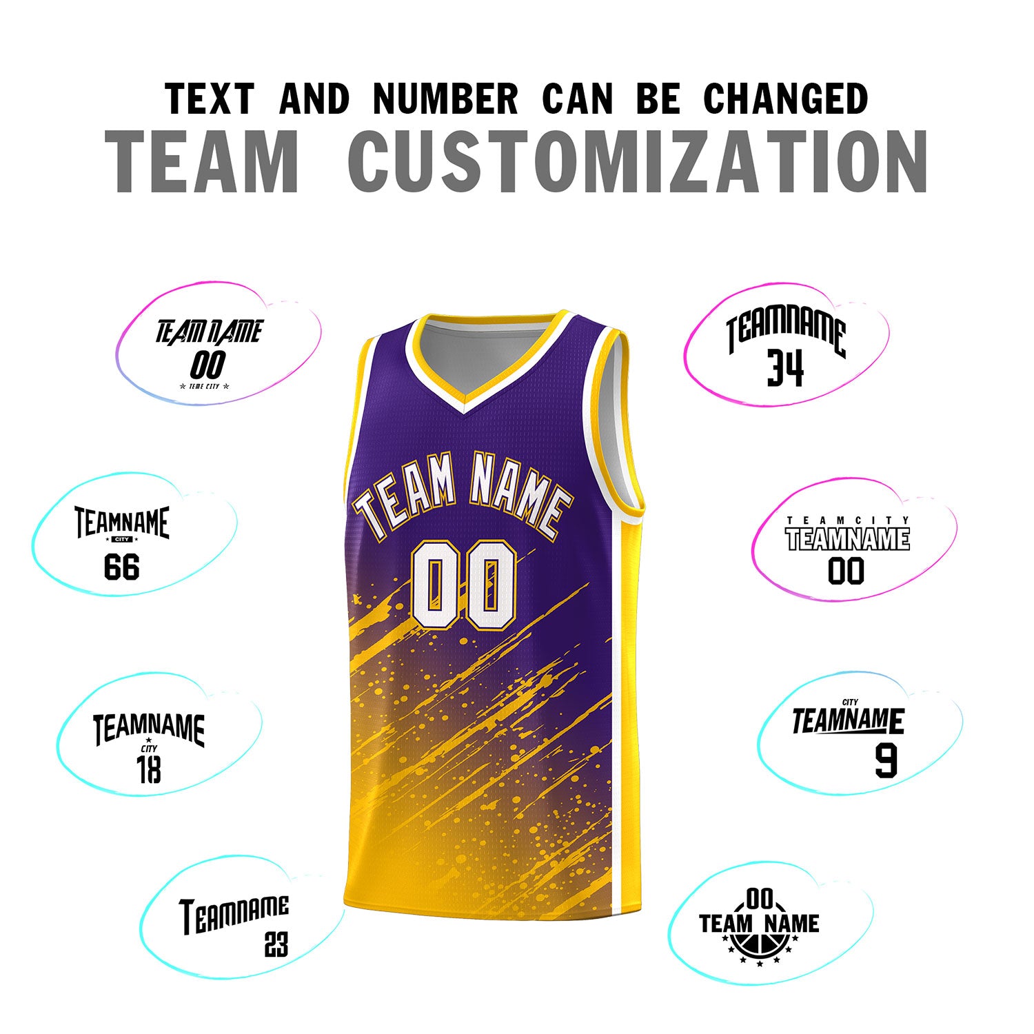 Custom Purple Basketball Kits With Yellow Paint Graffiti