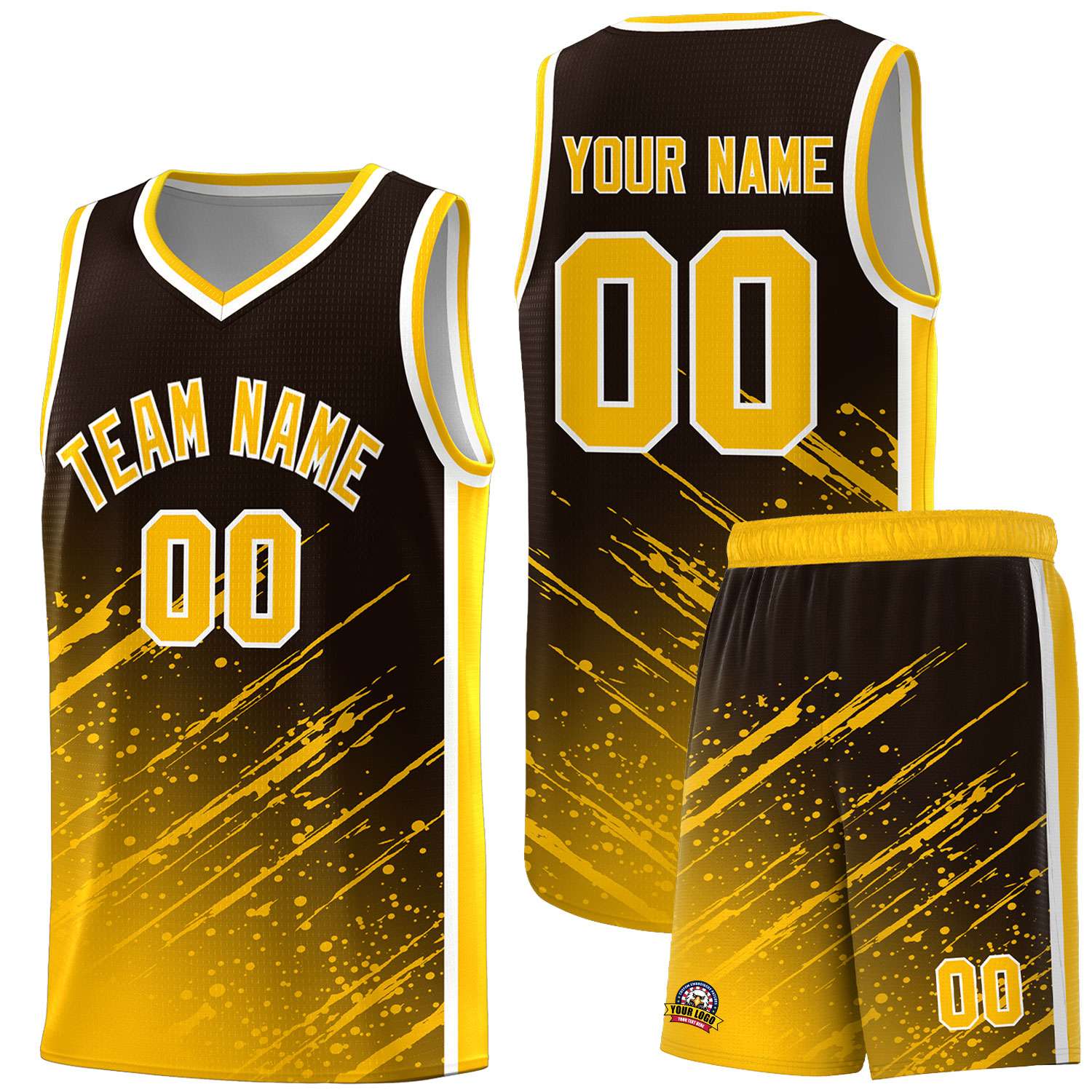 Custom Brown Basketball Kits With Yellow Paint Graffiti